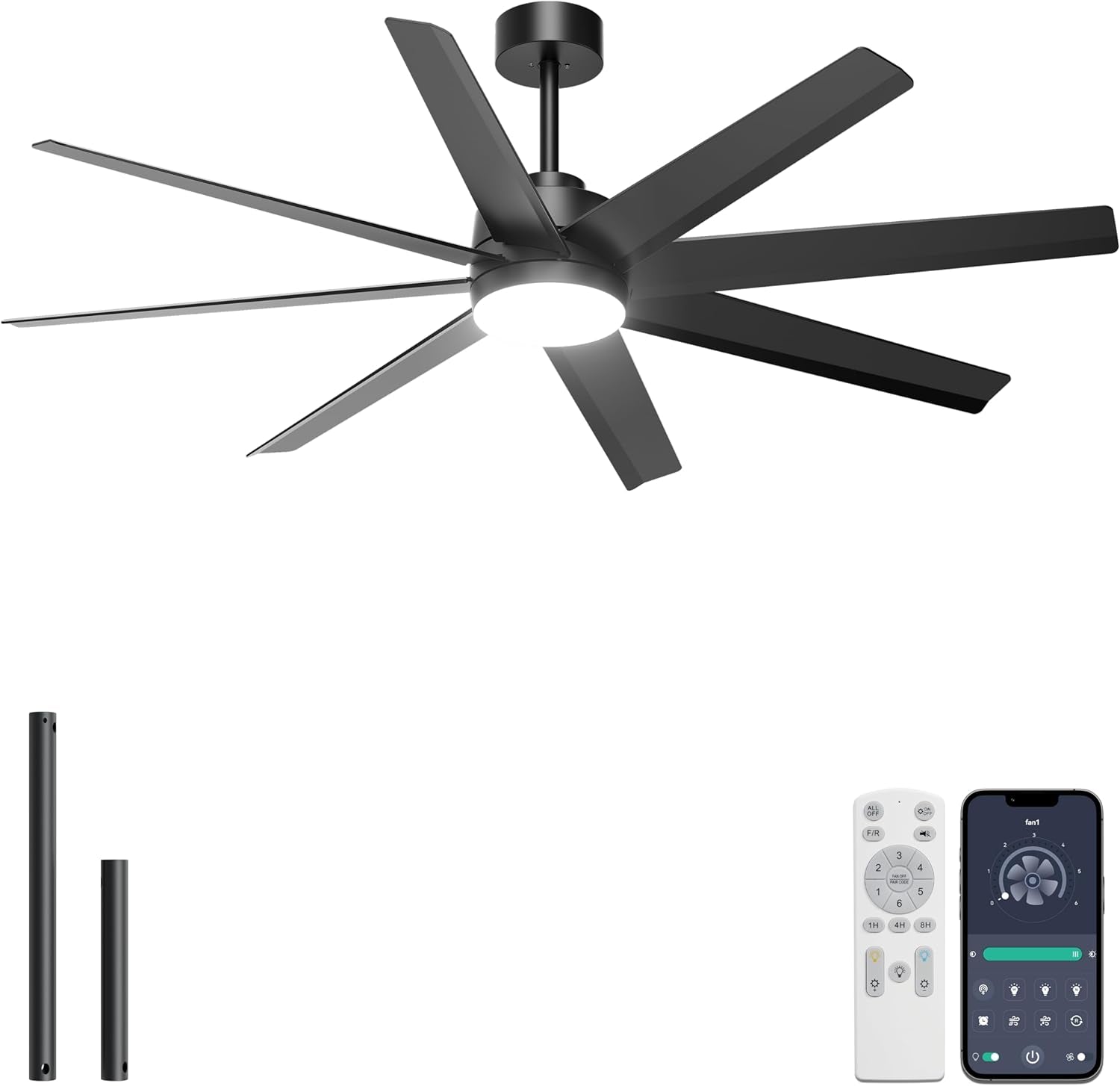 Angled view of the same eight-blade fan in a black finish, lit LED and controls shown at bottom