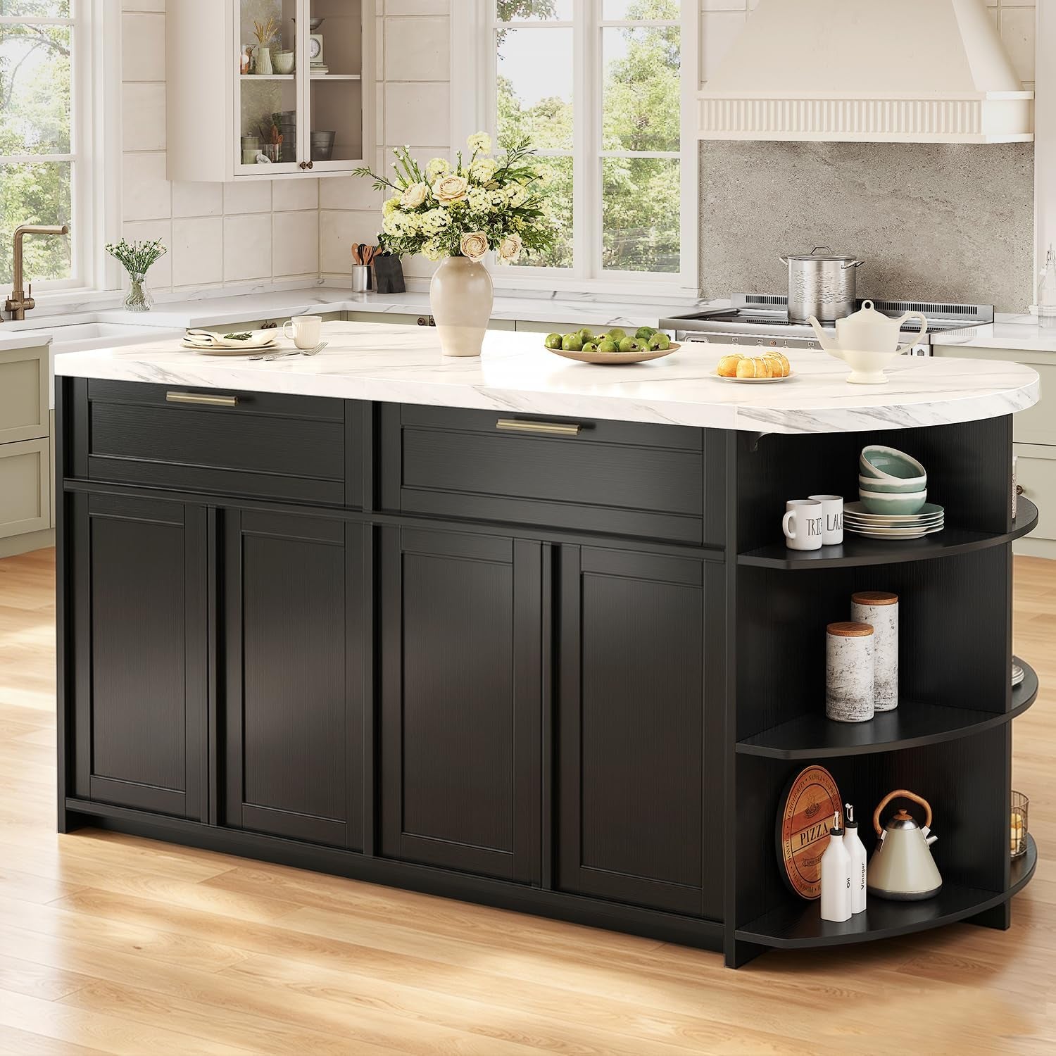 Front angled view of black kitchen island with white faux marble countertop and four shaker-style cabinet doors