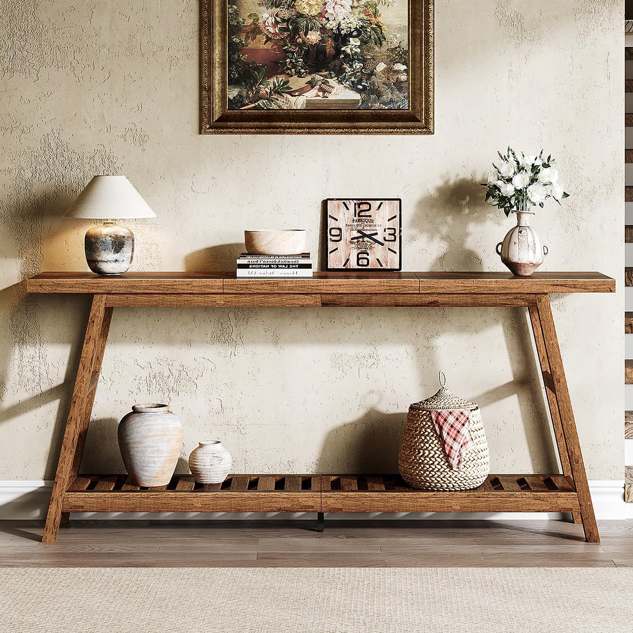 Front-facing view of the long slatted-shelf console table with decorative vases and a woven basket on the lower shelf