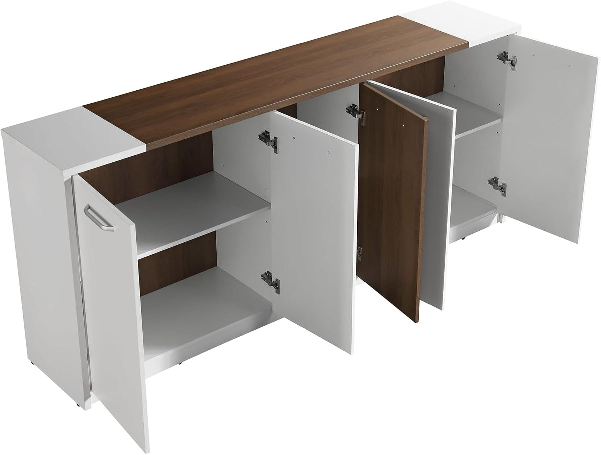Rear/inside view of the cabinet with four doors open revealing interior shelves and metal door hinges.
