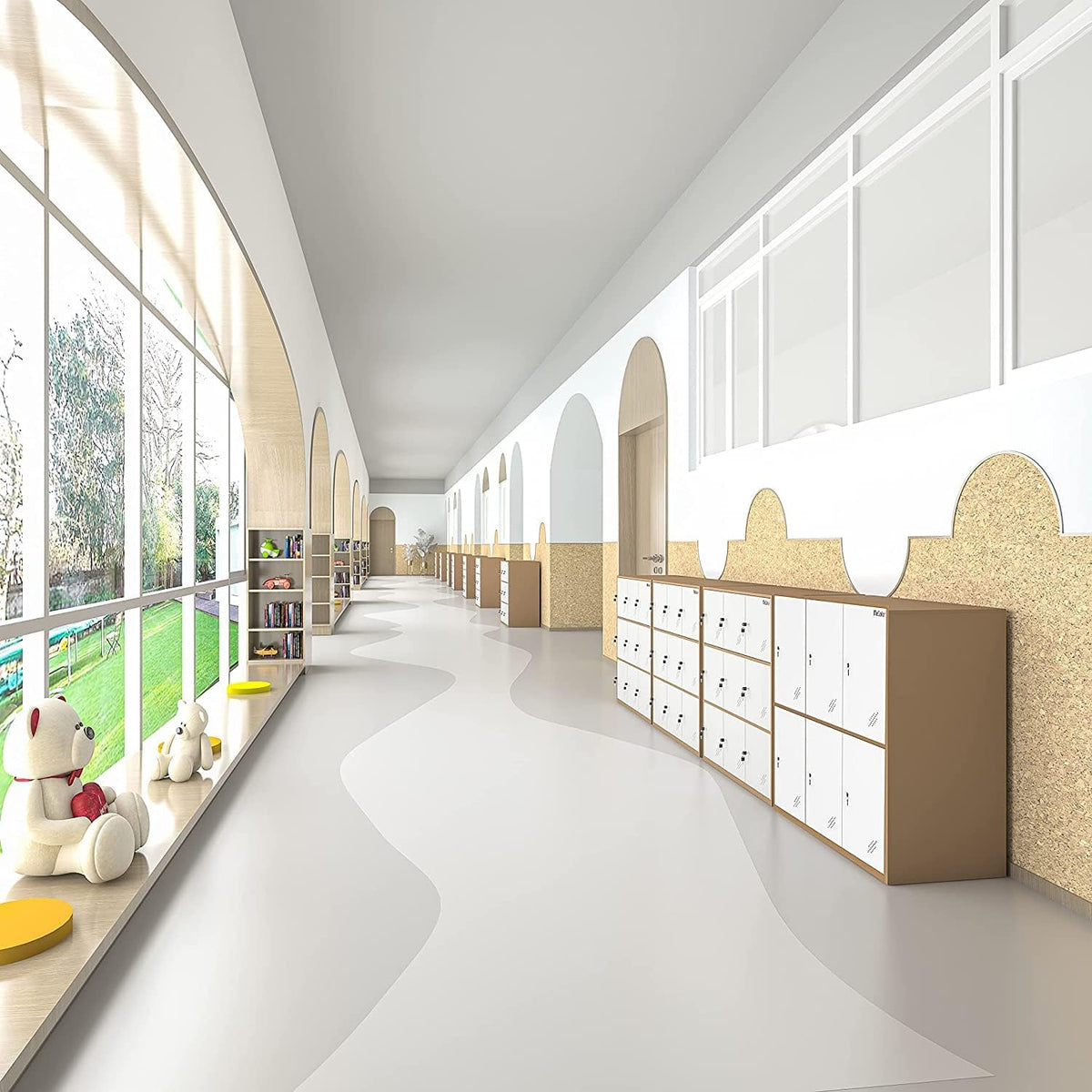 Bright corridor view with multiple brown-and-white metal lockers lined along the right wall of a hallway