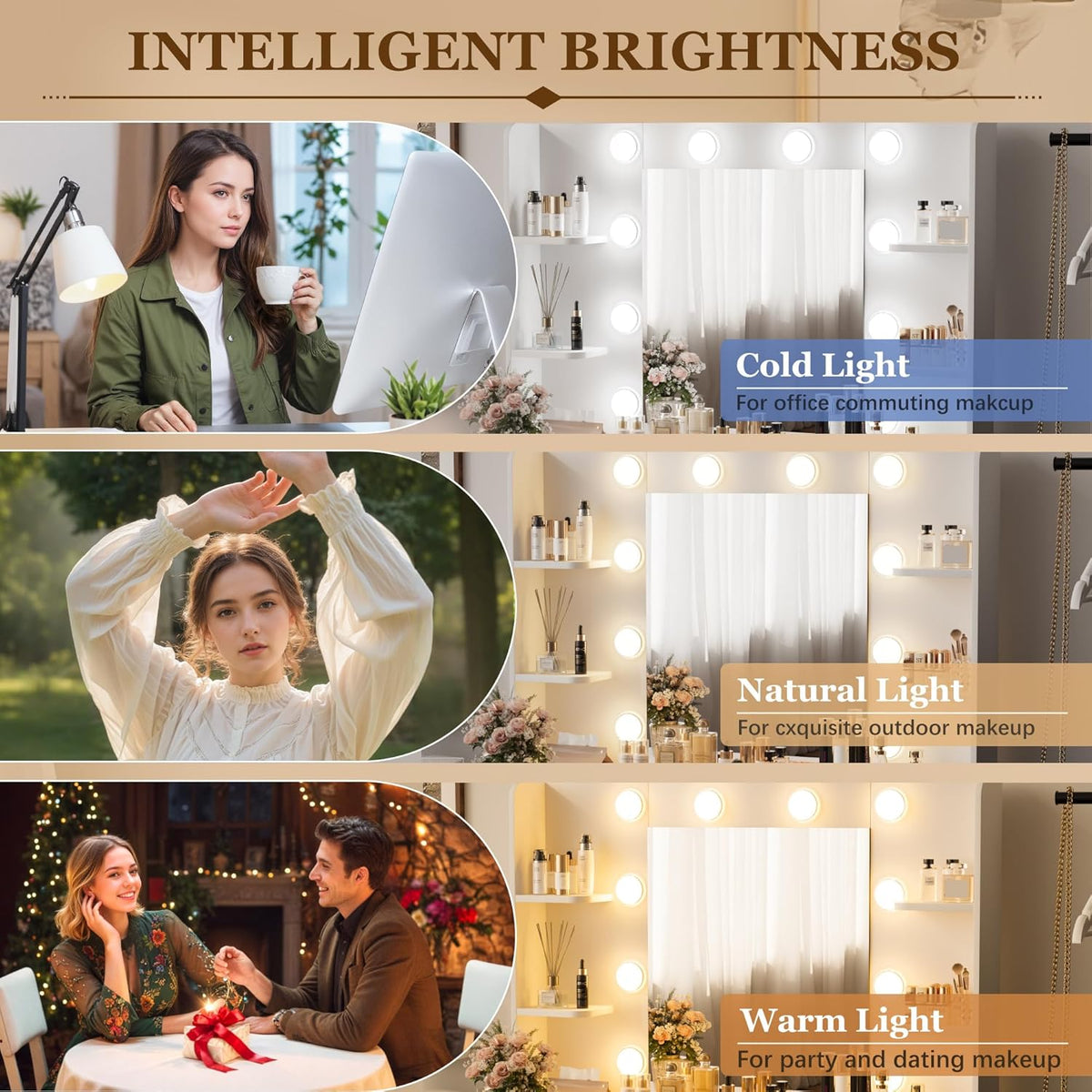 Illustration showing the vanity mirror's three lighting modes—cold, natural and warm—in use.