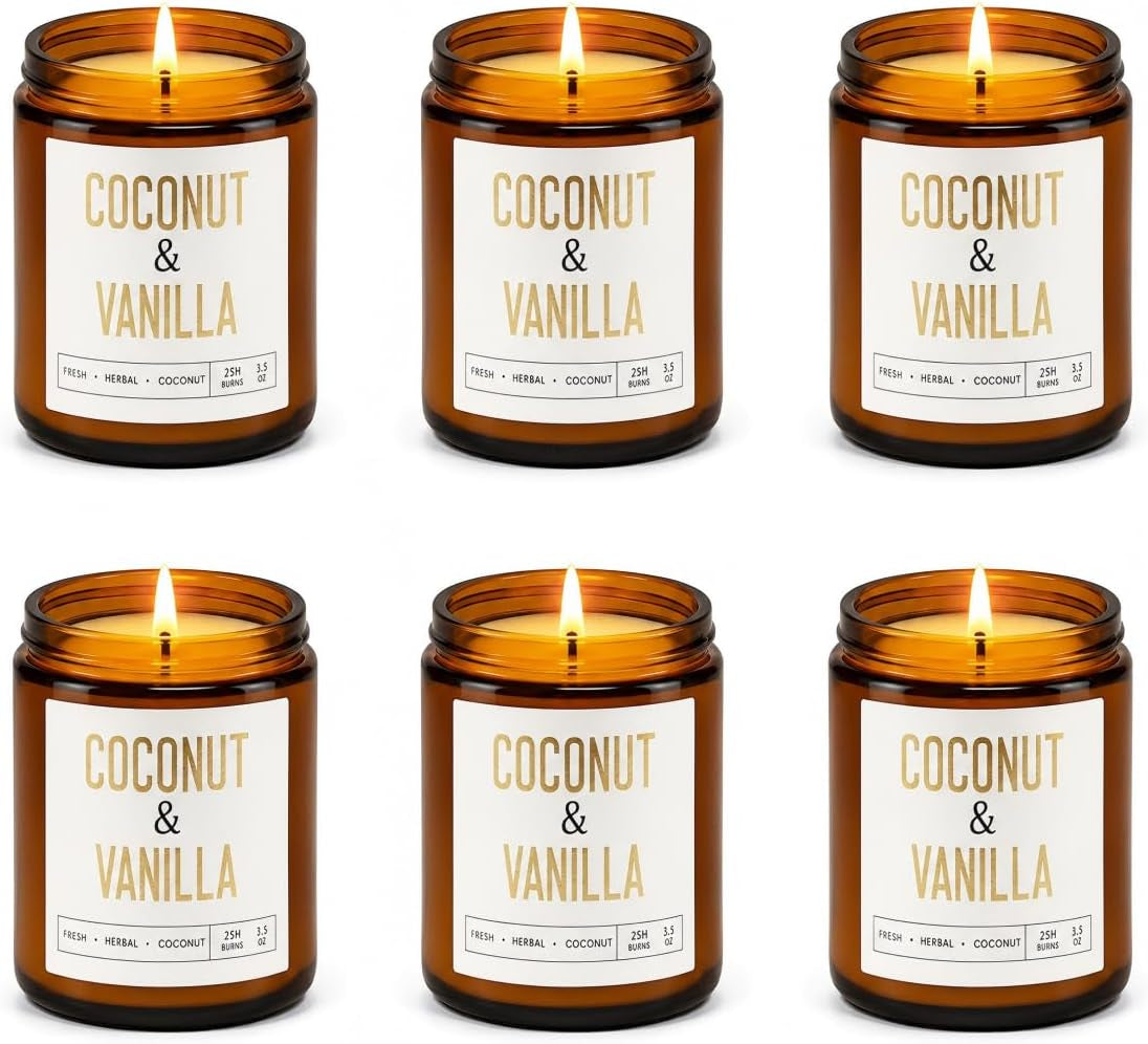 Six lit amber jars shown in two rows, each jar bearing the same 'Coconut & Vanilla' style label.