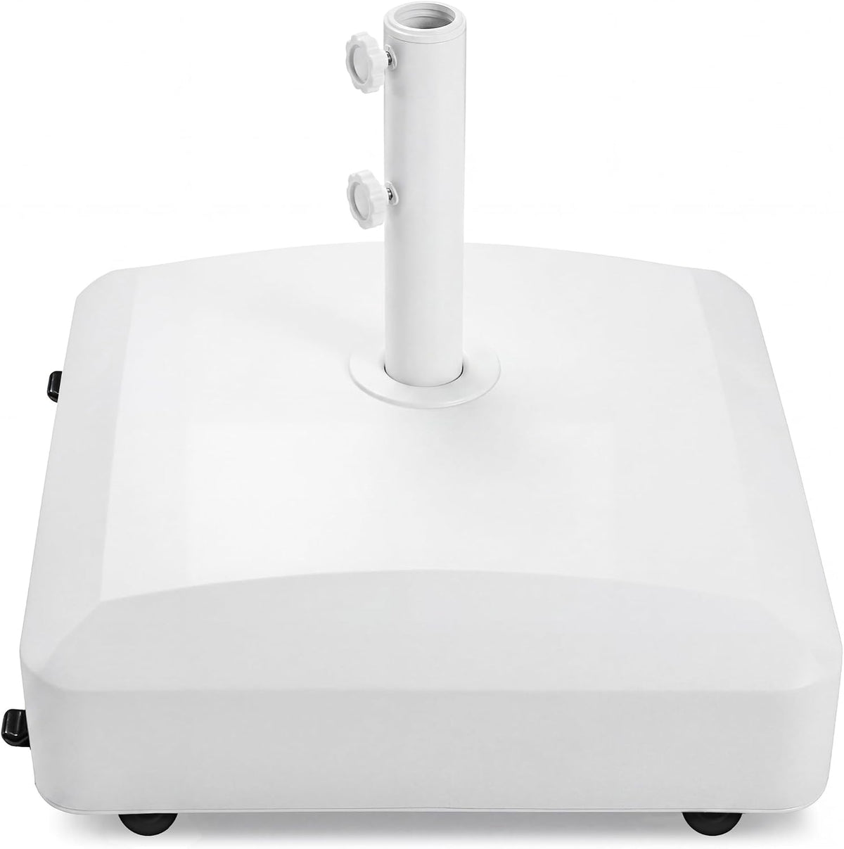 Front-facing view of a white square umbrella base with a vertical receiver tube, two tightening knobs and small wheels