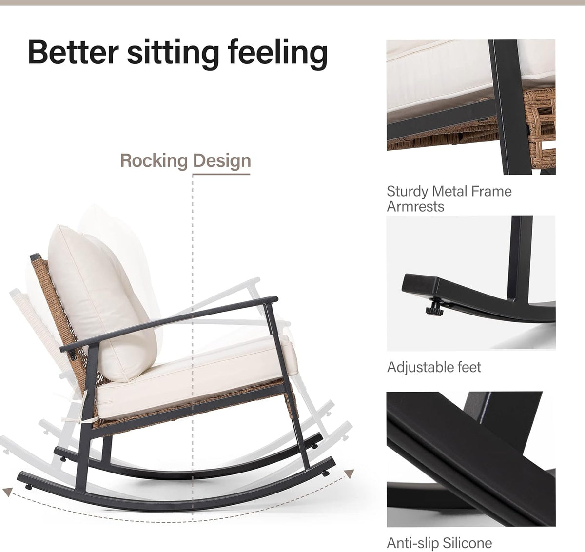Side profile of rocking chair showing rocking motion, adjustable feet and metal armrest details in dark finish