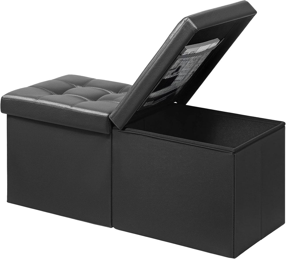 Black leather rectangular storage ottoman with one lid open showing interior compartment and mesh pocket under lid