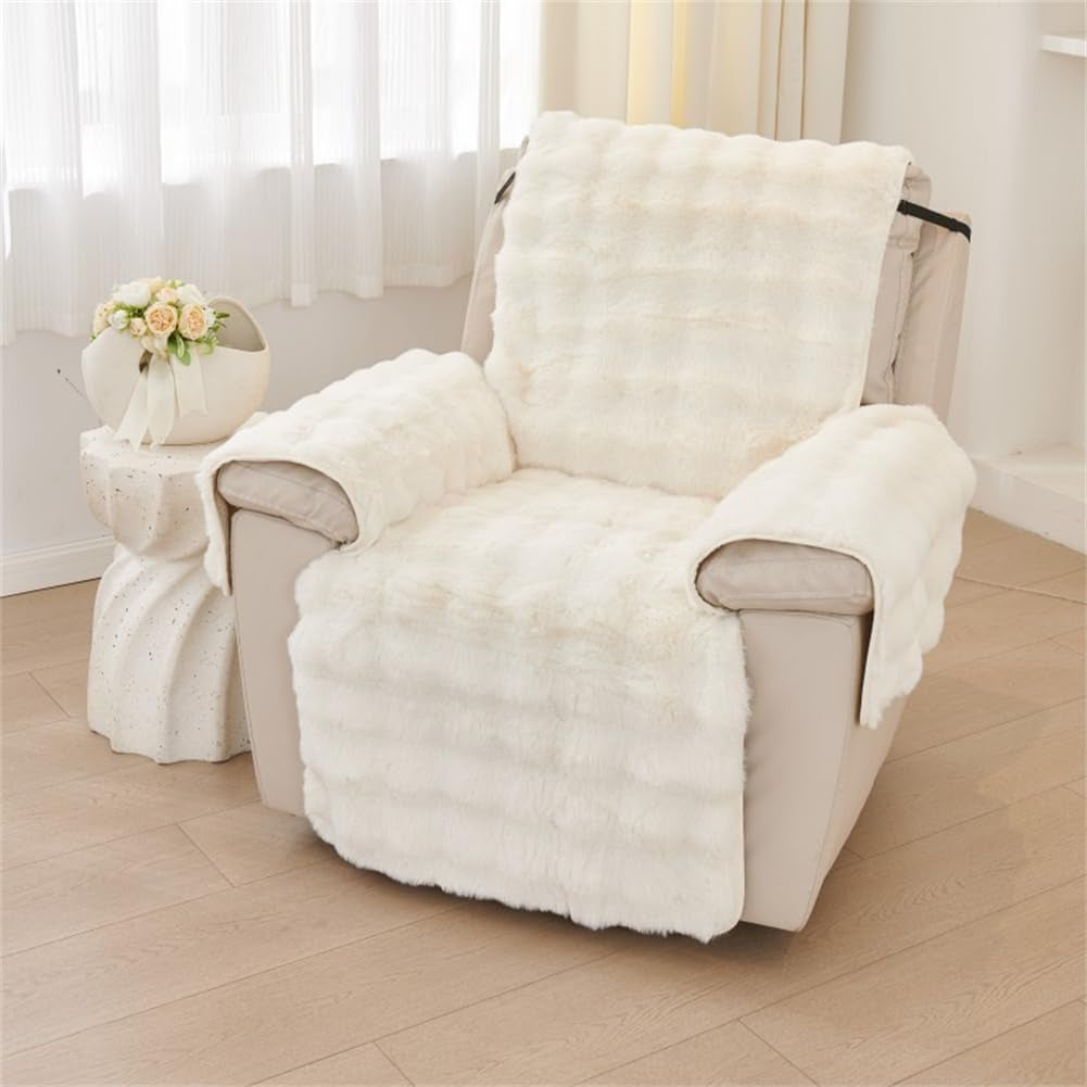 Cream faux rabbit fur recliner slipcover draped over a beige recliner, angled front-left view