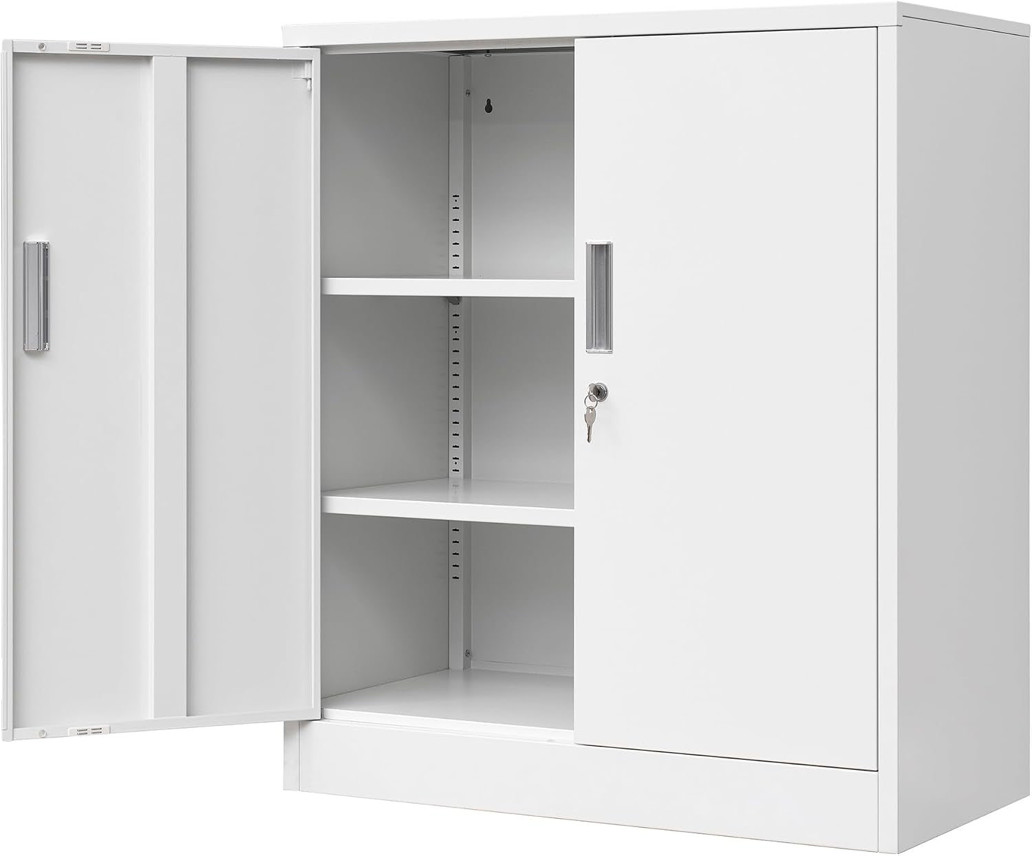 White metal cabinet with one door open showing two internal shelves and a keyed lock on the right door