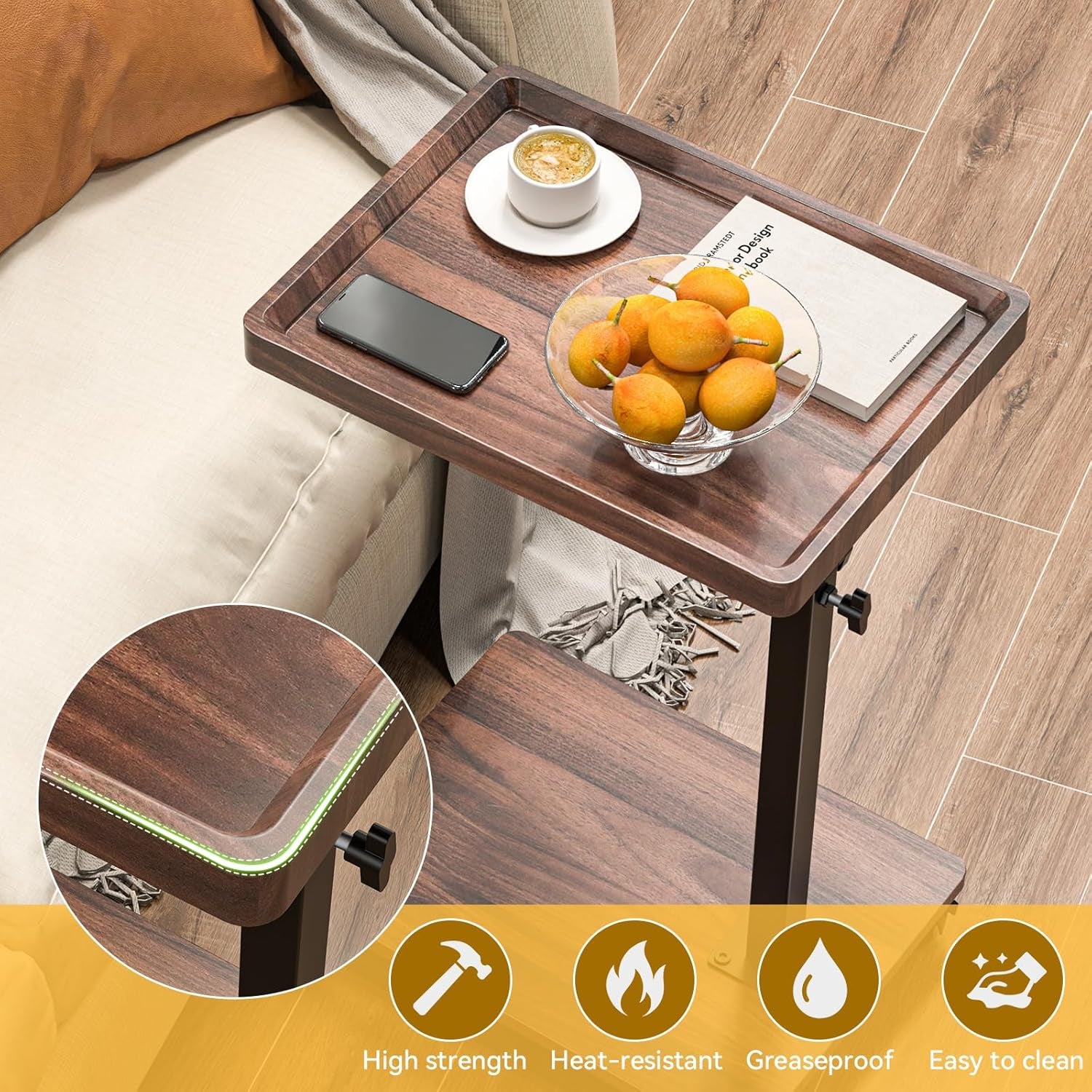 Close-up of walnut tray top with raised edges holding a bowl of fruit and coffee cup