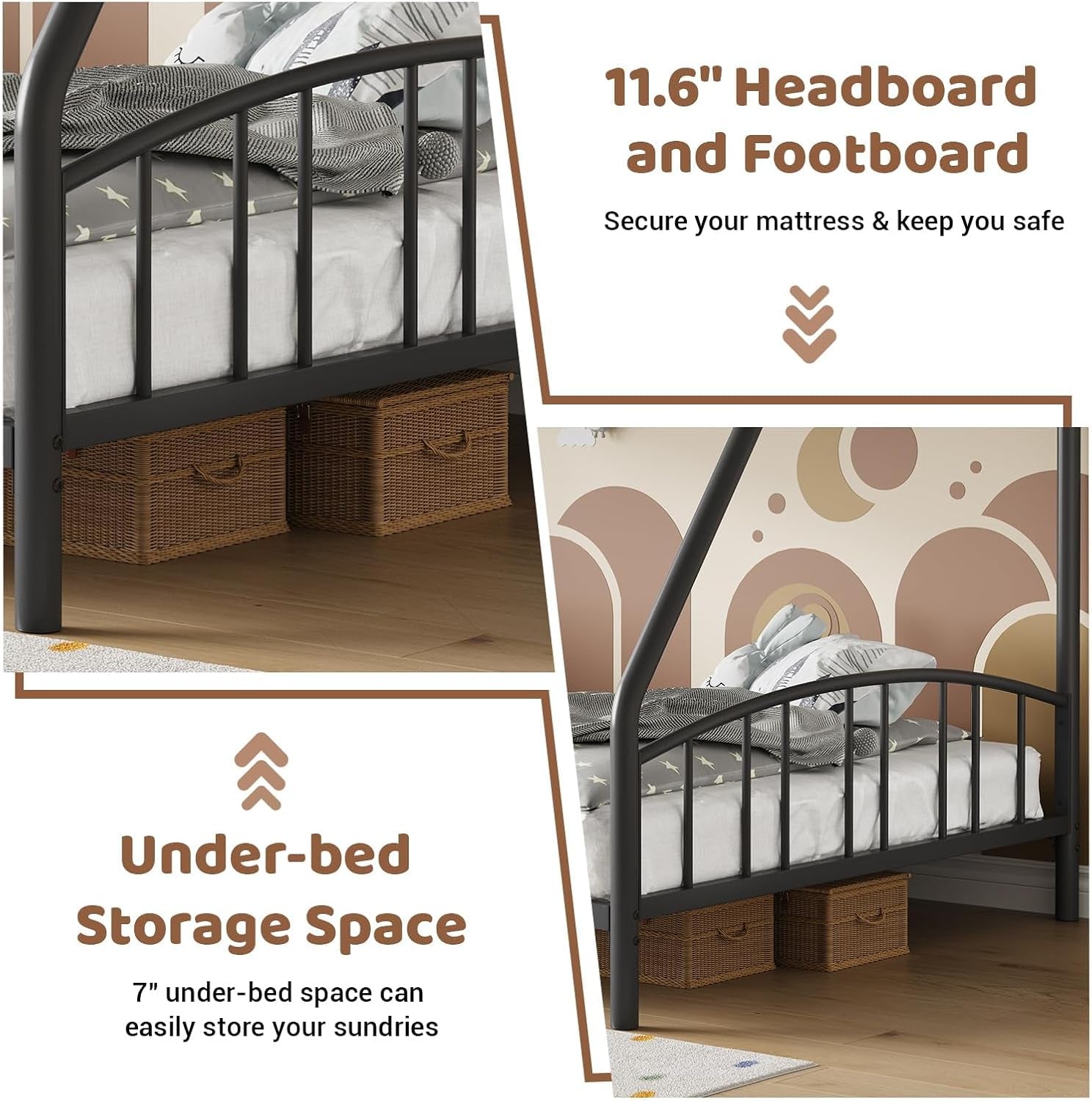 Close views of the lower bed frame and under-bed storage showing baskets beneath a metal bed frame.