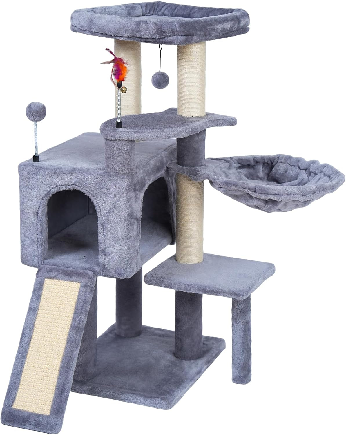 Gray multi-level cat tree with condos, ramp, hammock and hanging toys on a white background.