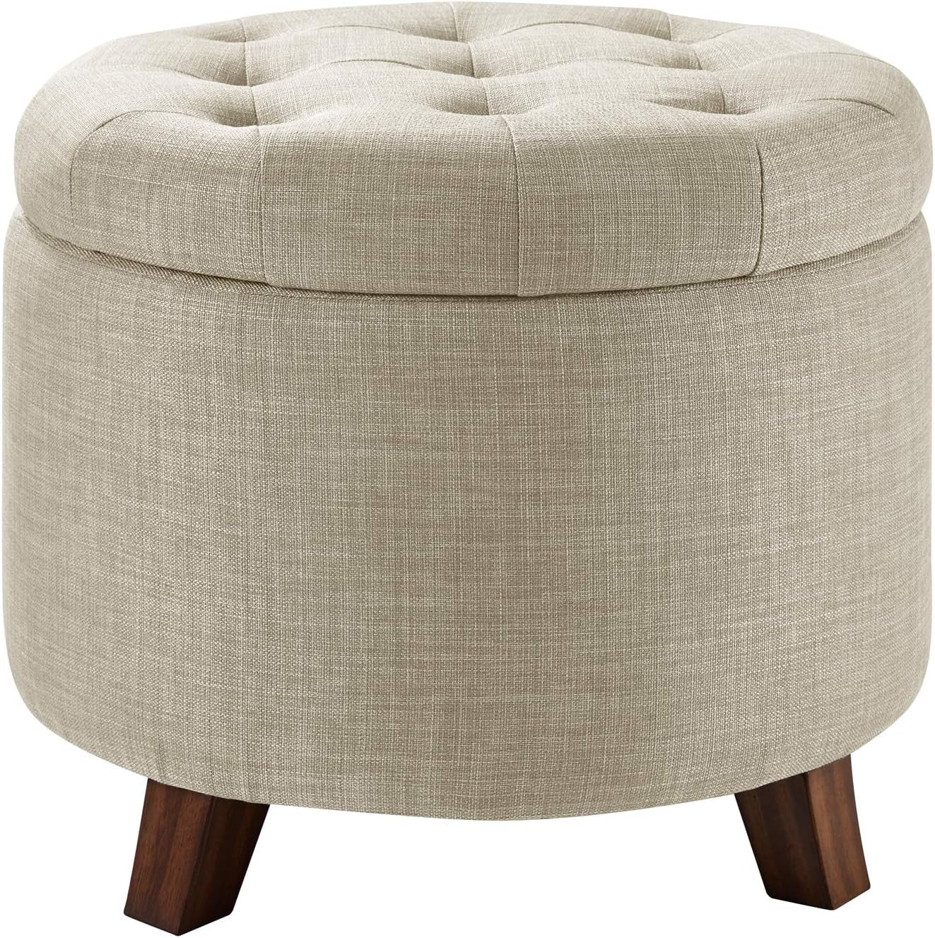 Close front view of beige linen-style ottoman showing tufted lid and wood legs