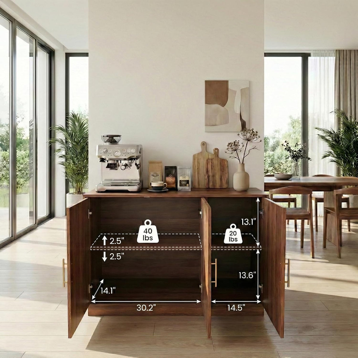 Open cabinet interior showing adjustable shelves with graphic weight icons and interior shelf dimensions