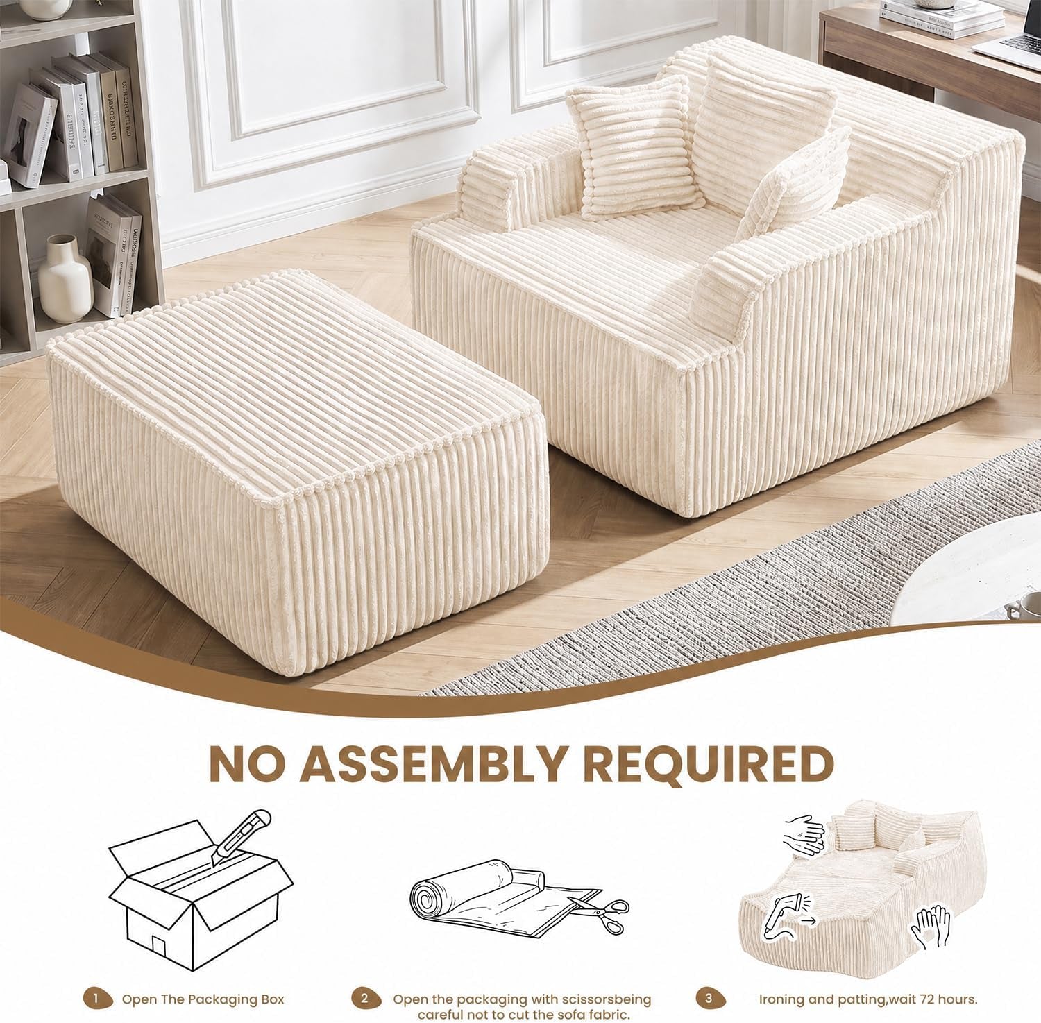 Cream corduroy boneless chaise lounge with matching ottoman and three ribbed pillows in a bright living room