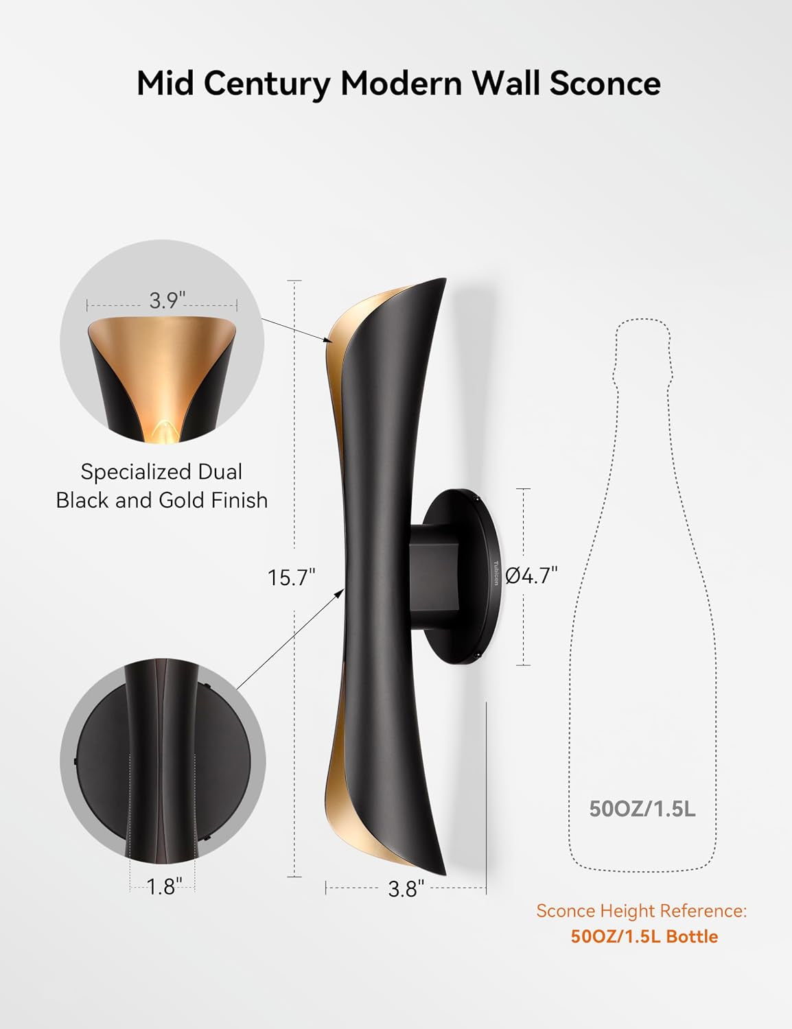 Dimensional illustration of hourglass sconce showing 15.7" height, 3.8" width, and 4.7" mounting plate.