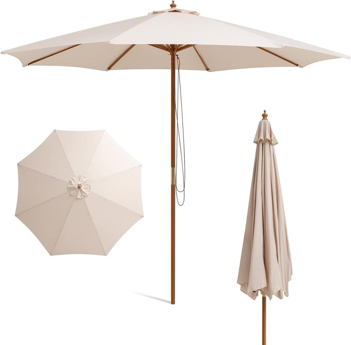 Three studio views on white: top-down open canopy, center pole with ropes, and the umbrella folded closed.