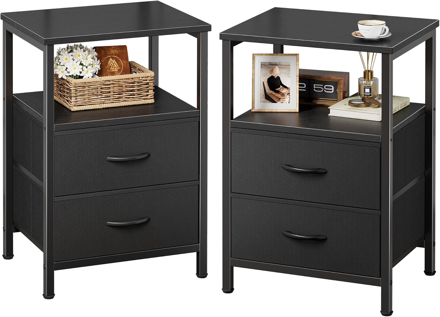 Two bedside tables shown side by side in a black finish, each with open shelf and two drawers.