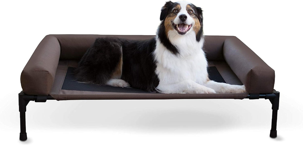 Brown elevated pet cot with bolster sides and a smiling dog lying centered on the bed.