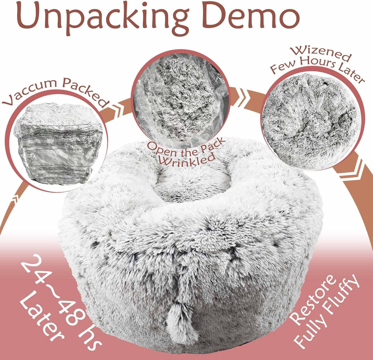 Front view of a plush light-gray U-shaped bean bag with circular inset and unpacking demo insets