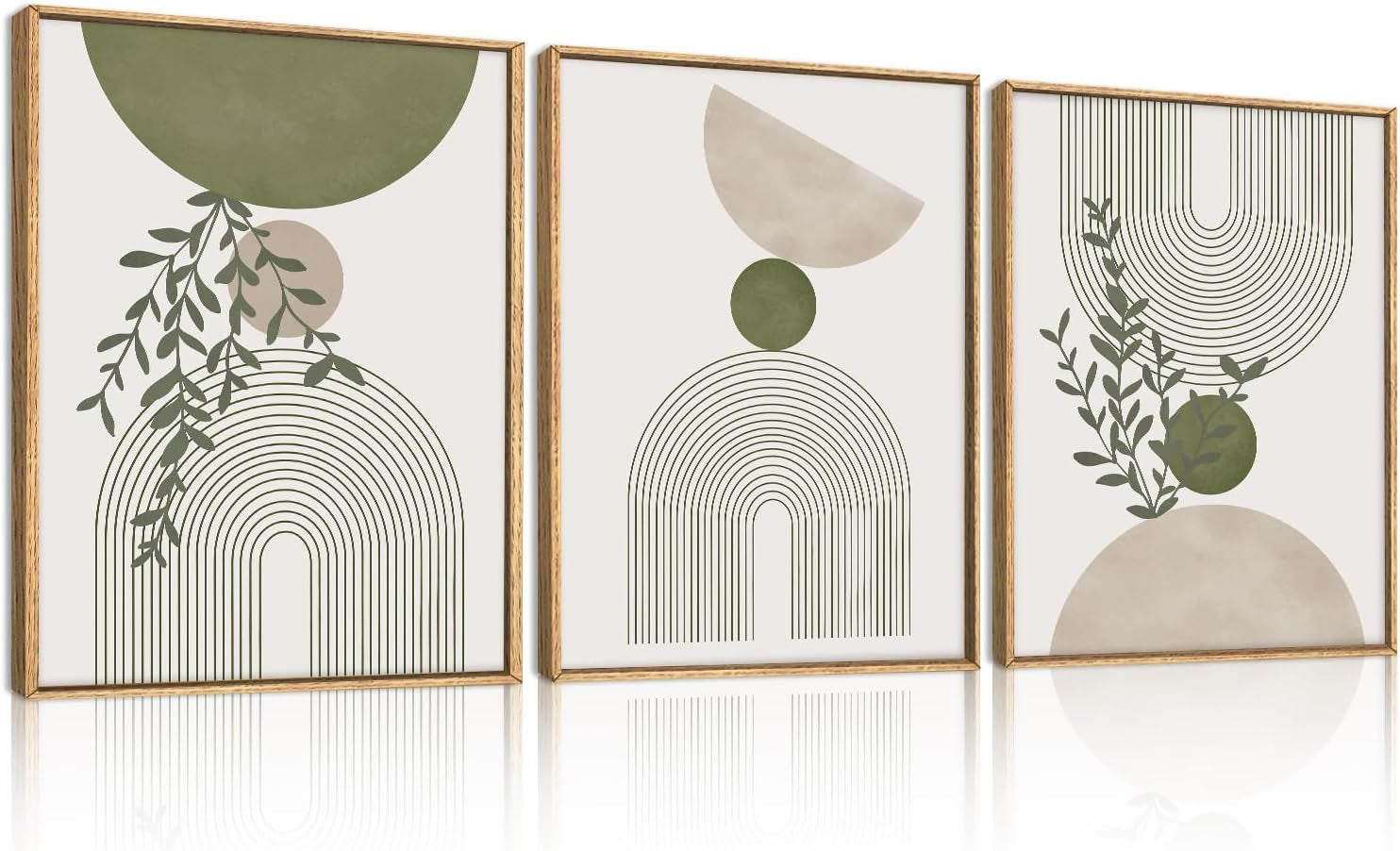 Three vertical framed panels with minimalist arches, circles and trailing foliage in green and beige tones.