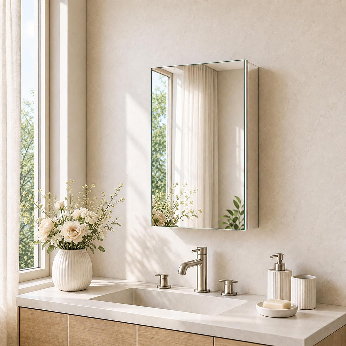Three-quarter view of a wall-mounted mirrored medicine cabinet showing its slim aluminum edge and vase on the left sink