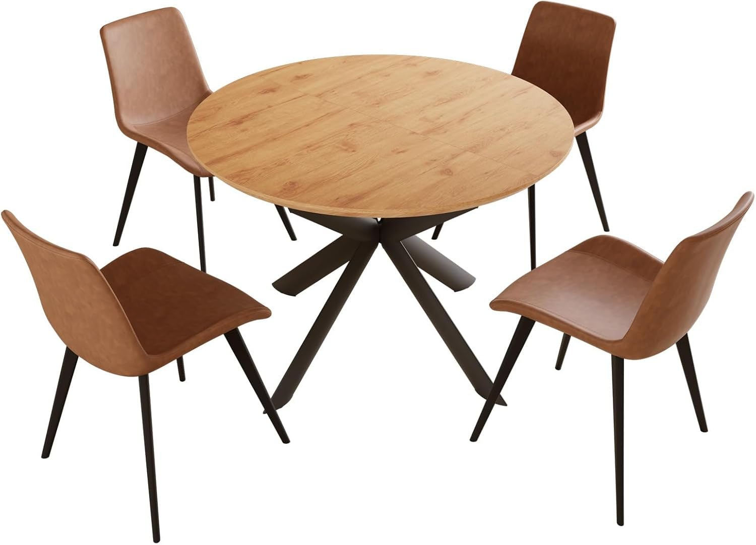 Oak woodgrain round dining table with four brown PU chairs on a white background studio cutout, angled front