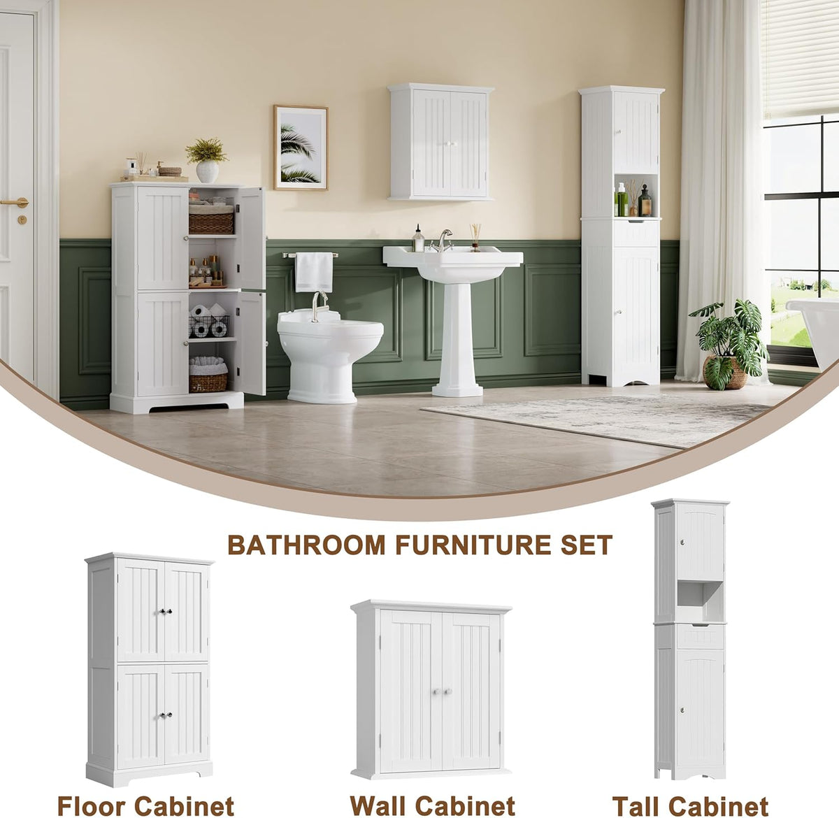 Bathroom scene with the white floor cabinet at left and coordinating wall and tall cabinets in the room