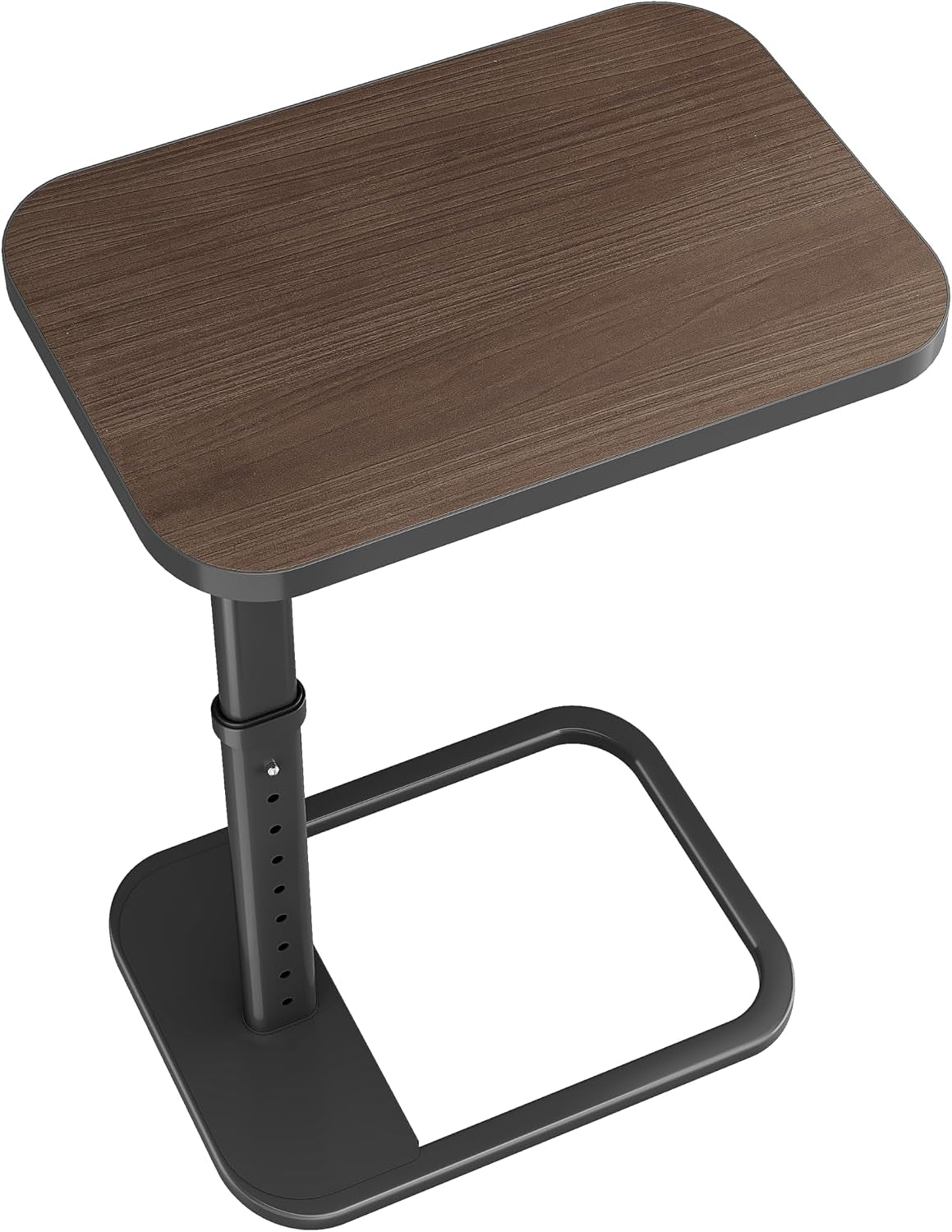 Isolated adjustable C‑shaped table with rectangular wood‑grain top and square open base