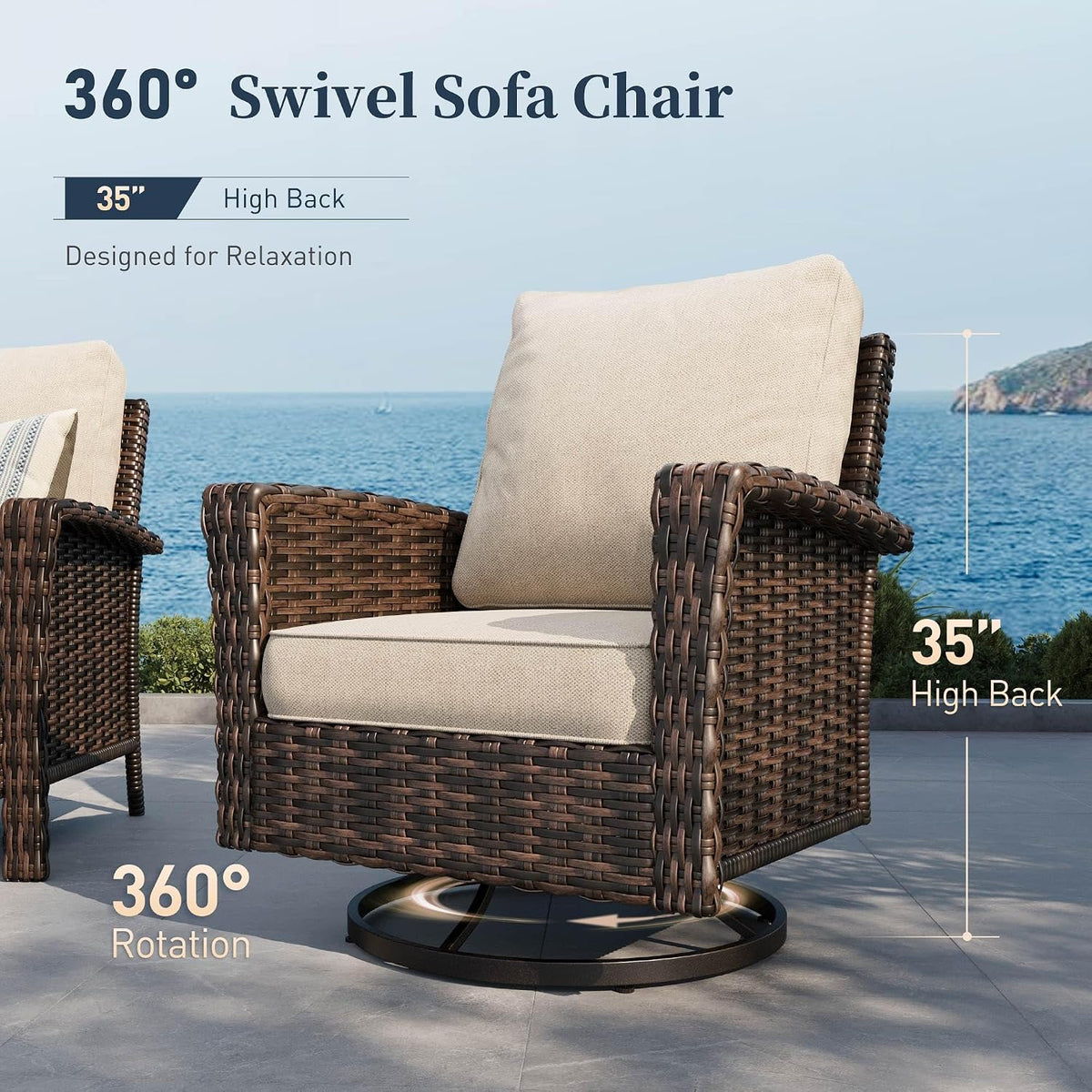 Brown wicker swivel chair with beige cushion shown from front-right highlighting high back and circular swivel base.
