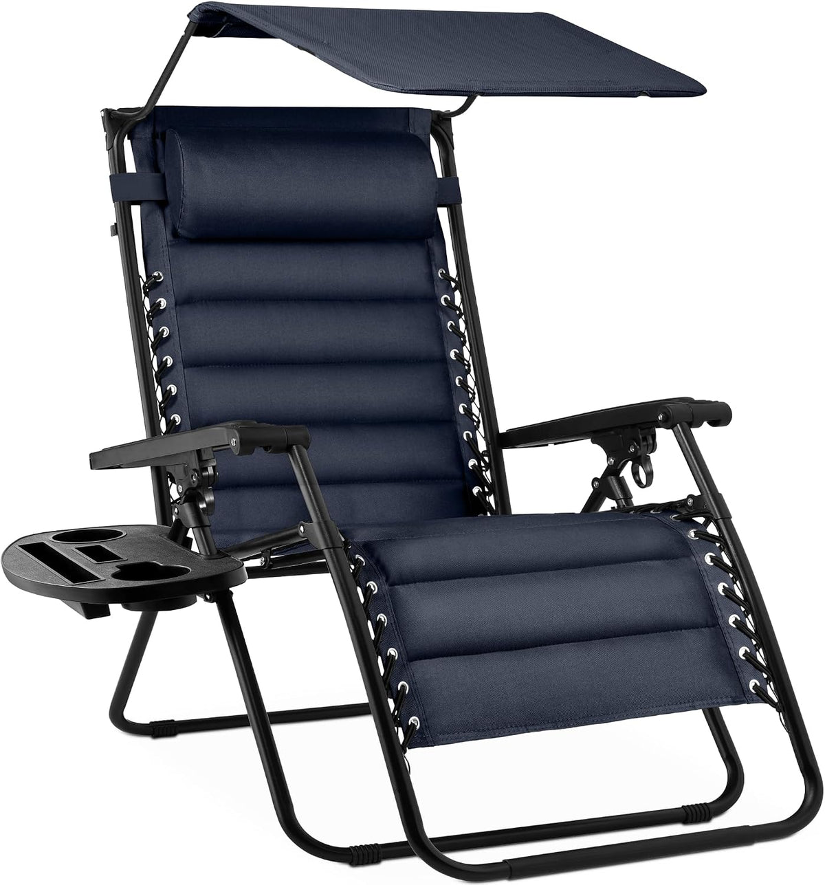 Dark navy zero-gravity recliner with adjustable sun canopy and head pillow visible