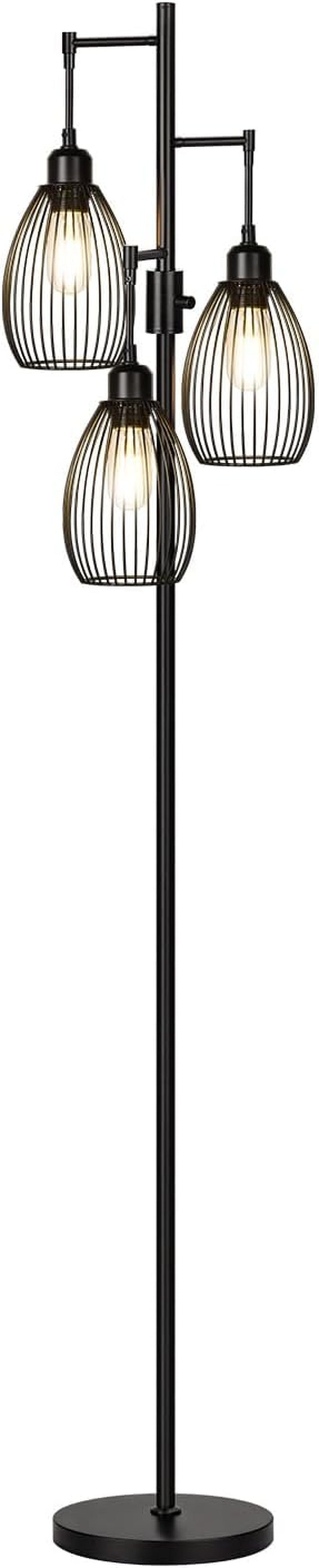 Tall black floor lamp with three teardrop wire cages and round base on white background