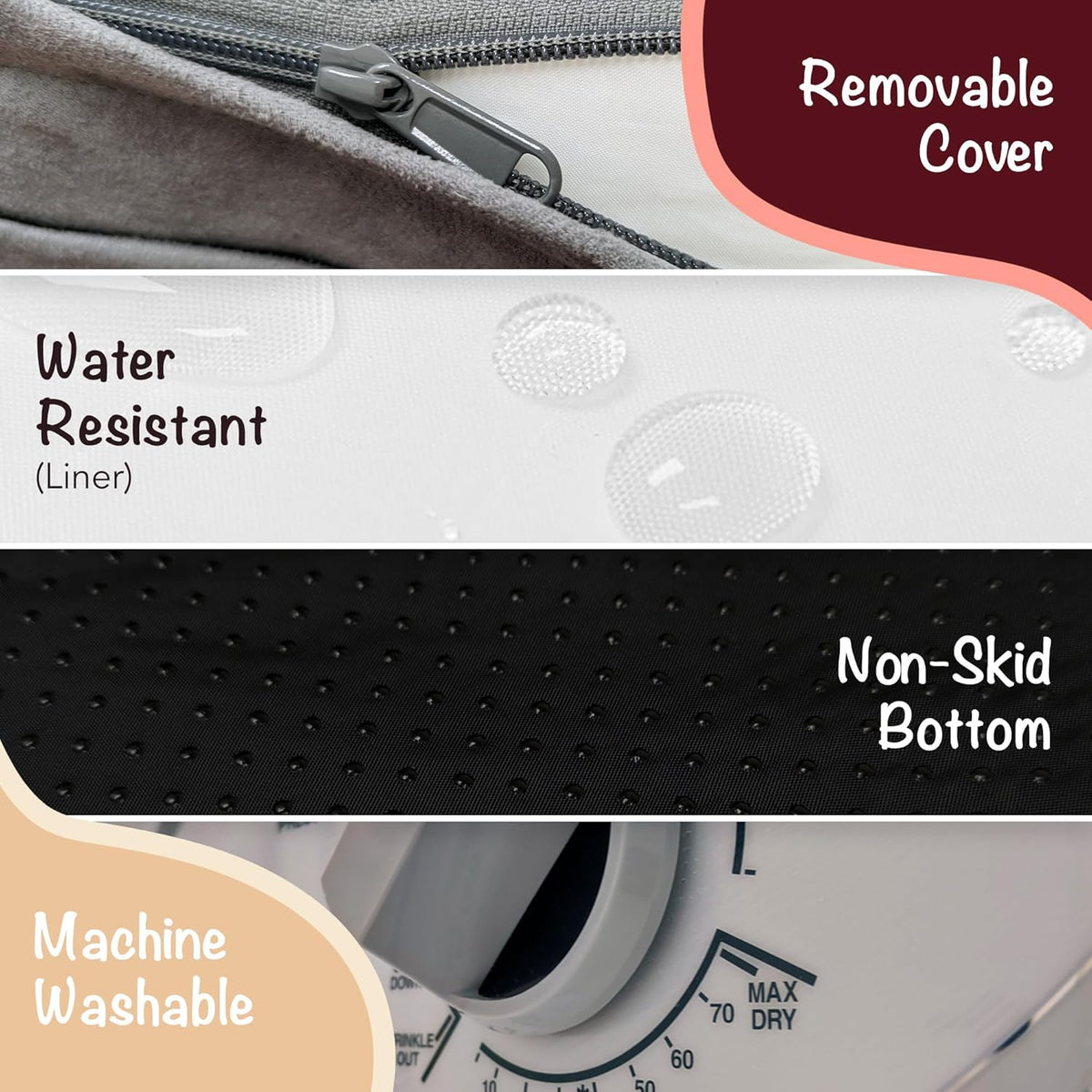 Three-panel close-up showing metal zipper, water-resistant liner with droplets, and black non-skid dotted bottom