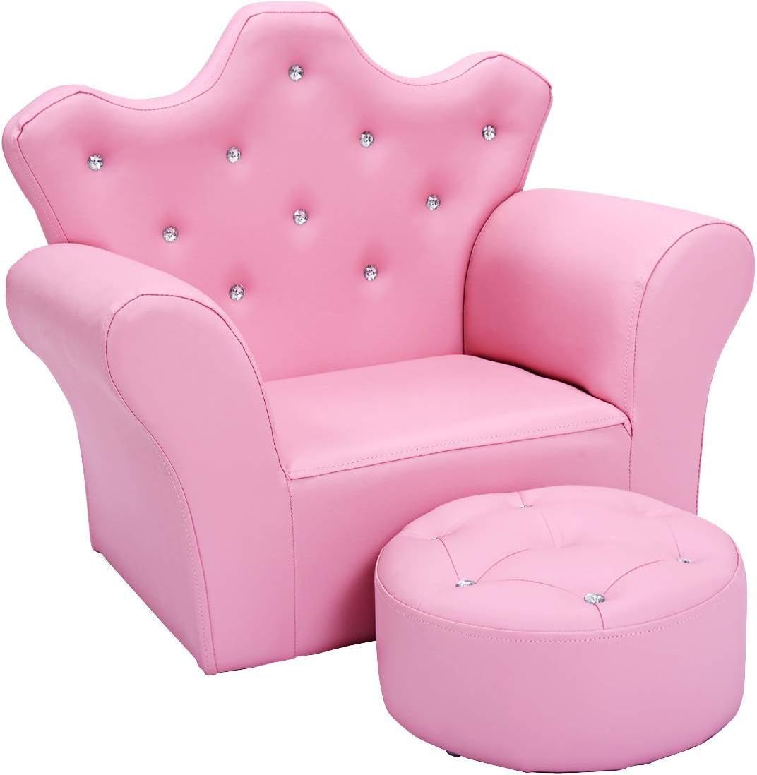 Pink toddler armchair with crown-shaped back and matching round ottoman, crystal buttons visible