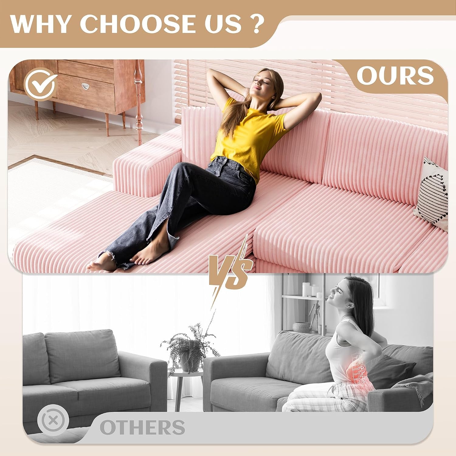 105" Boneless Couches for Living Room, Sectional Couches Modular Sofa with L-Shaped Chaise, Memory Foam Comfy Cloud Couch with Plush Corduroy Fabric, No Assembly Required, Pink