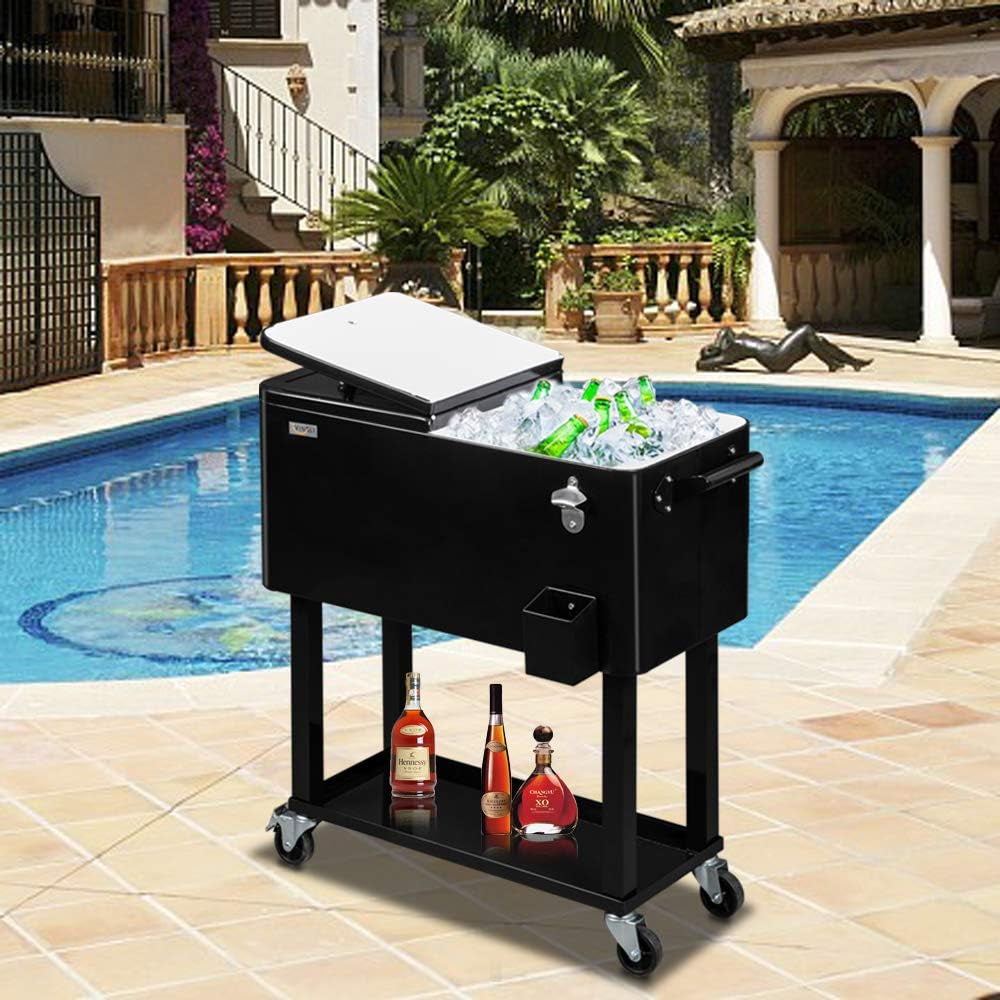 Black wheeled ice chest beside a pool, lid open with green bottles and ice, bottles stored on lower shelf.