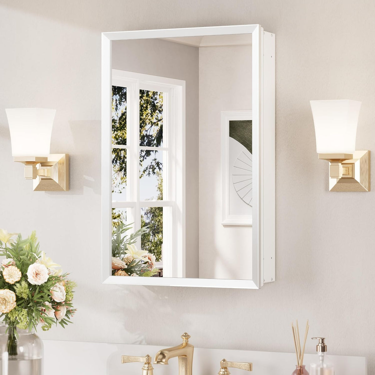Angled view of a white framed medicine cabinet showing the cabinet depth and mirror over a bathroom sink.