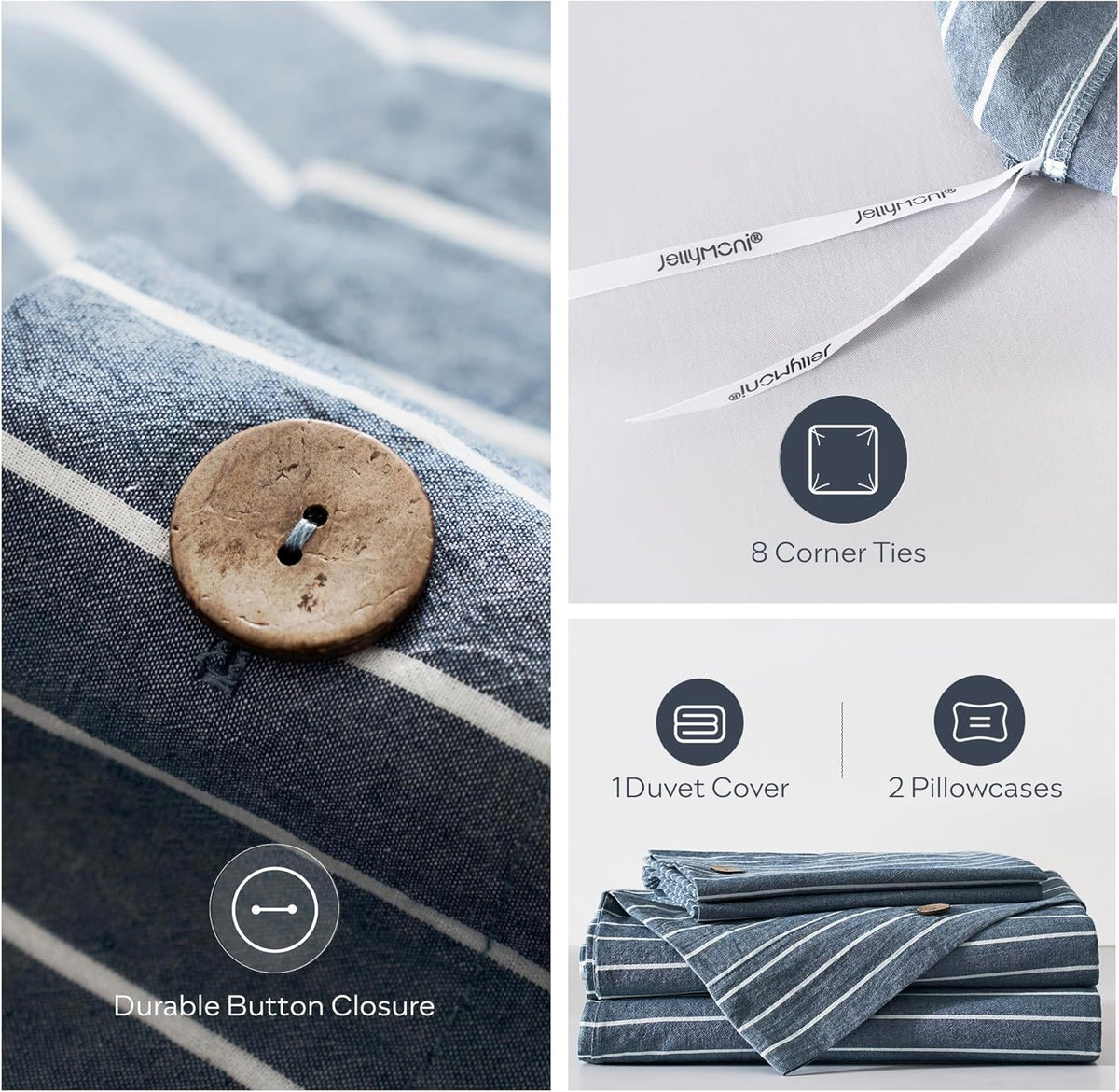Collage showing a close-up coconut-style button, interior corner tie, and folded blue striped duvet set