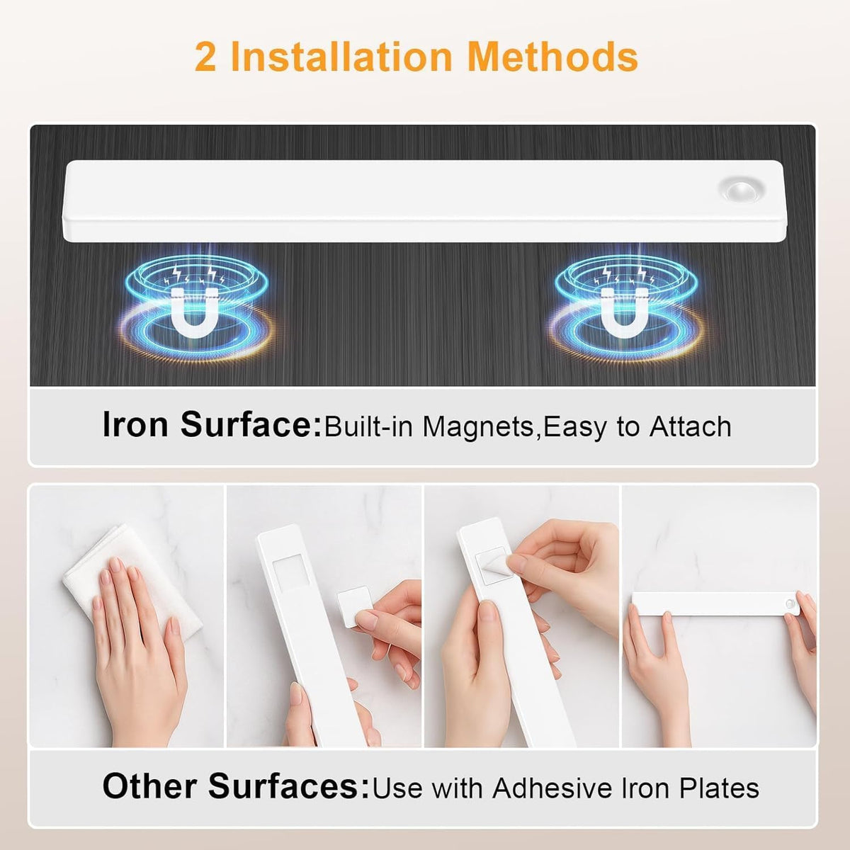 Top illustration of magnetic mounting with three small photos below showing cleaning surface, attaching adhesive plate, and