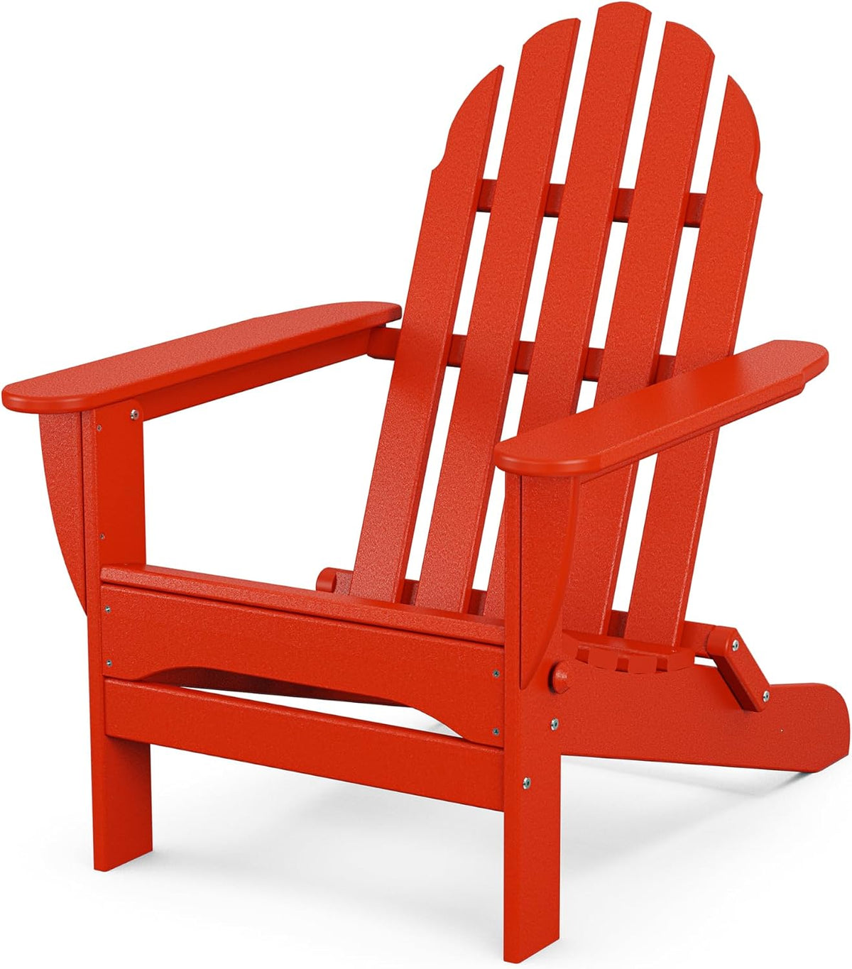 Studio close-up of a red Adirondack chair showing the lower front leg, armrest and recline knob.