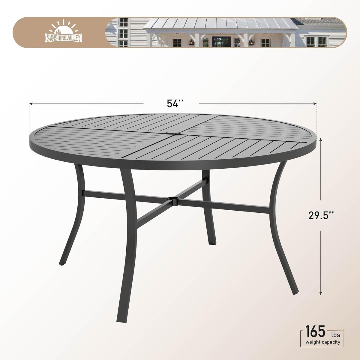 Diagram view of round patio table showing 54" diameter, 29.5" height and 165 lb weight capacity labeling