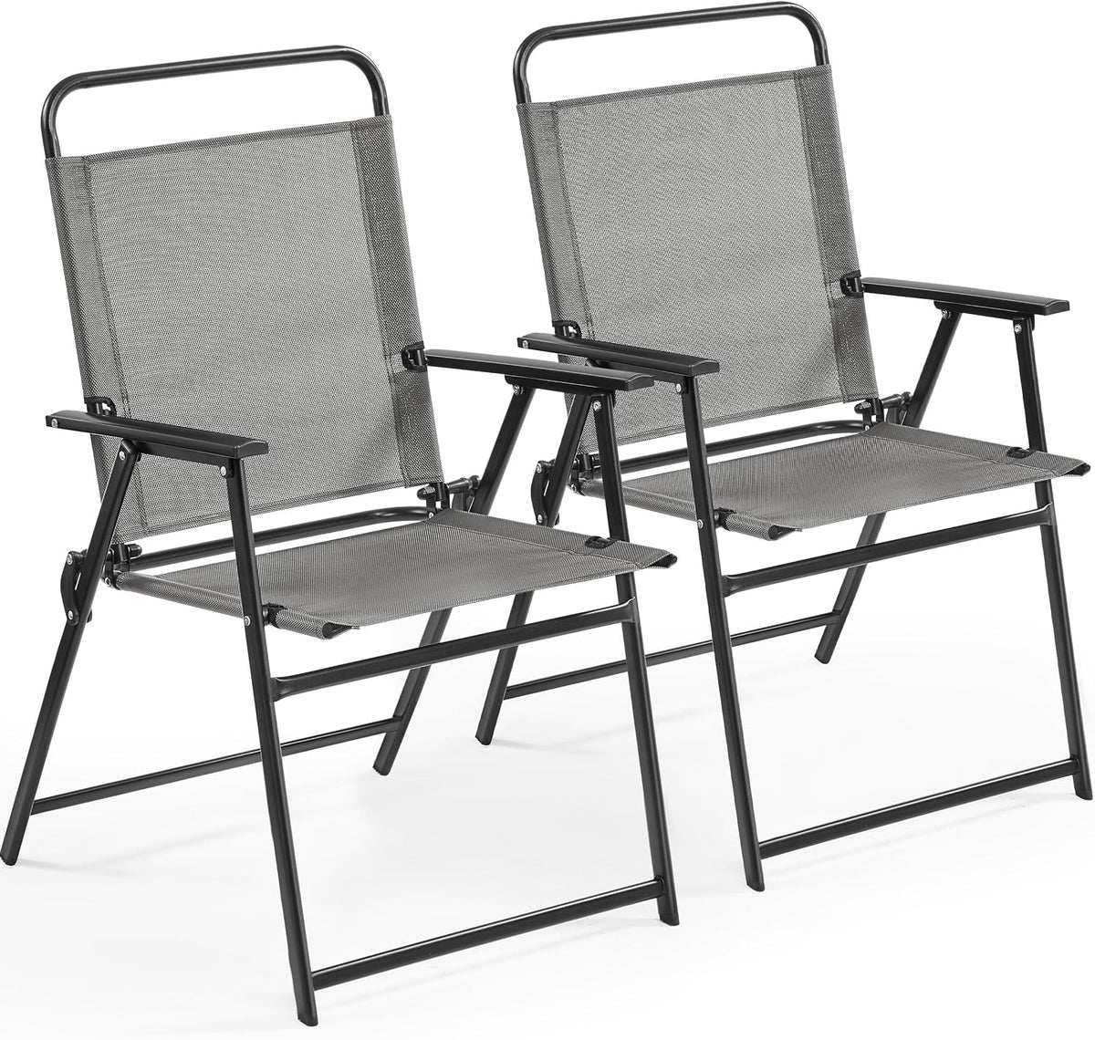 Two folding chairs angled to show armrests, frame joints and mesh seat material.