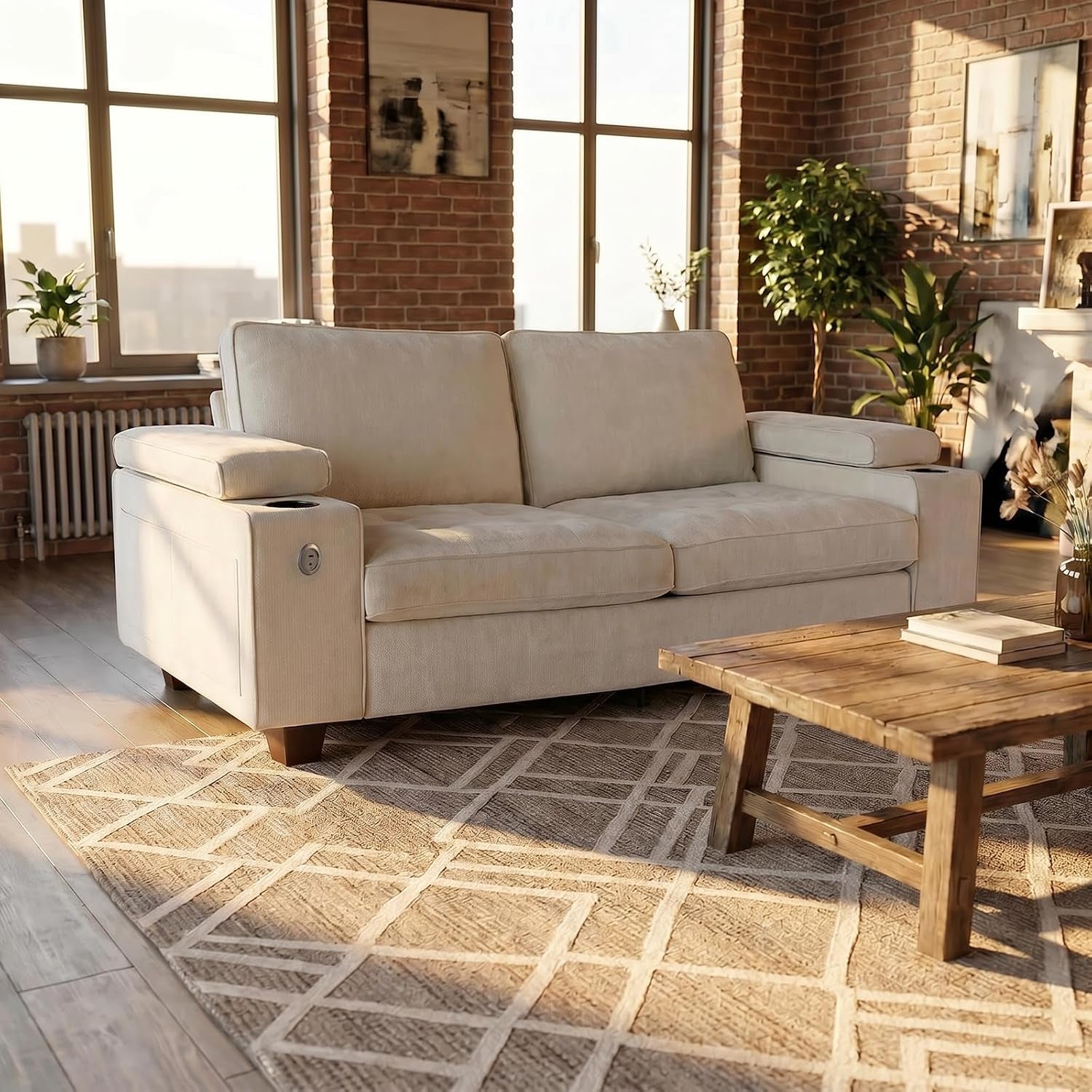 Three-quarter view of an empty beige loveseat in a sunlit loft-style room with a wooden coffee table in front.