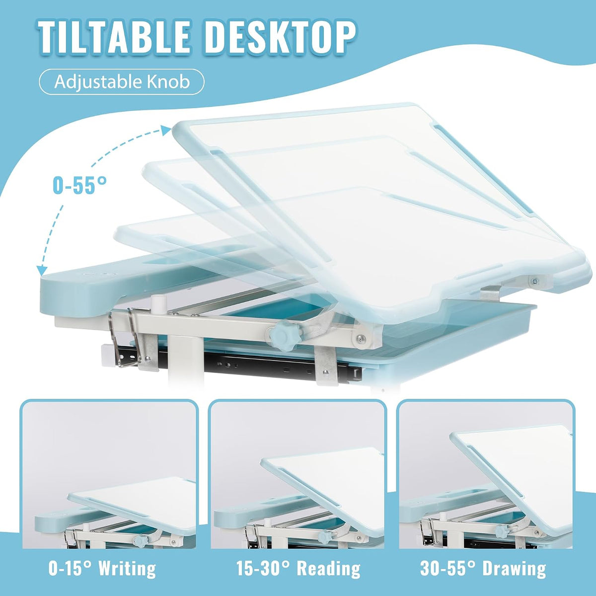 Close-up sequence showing the desk tabletop tilting through multiple angles up to 55 degrees