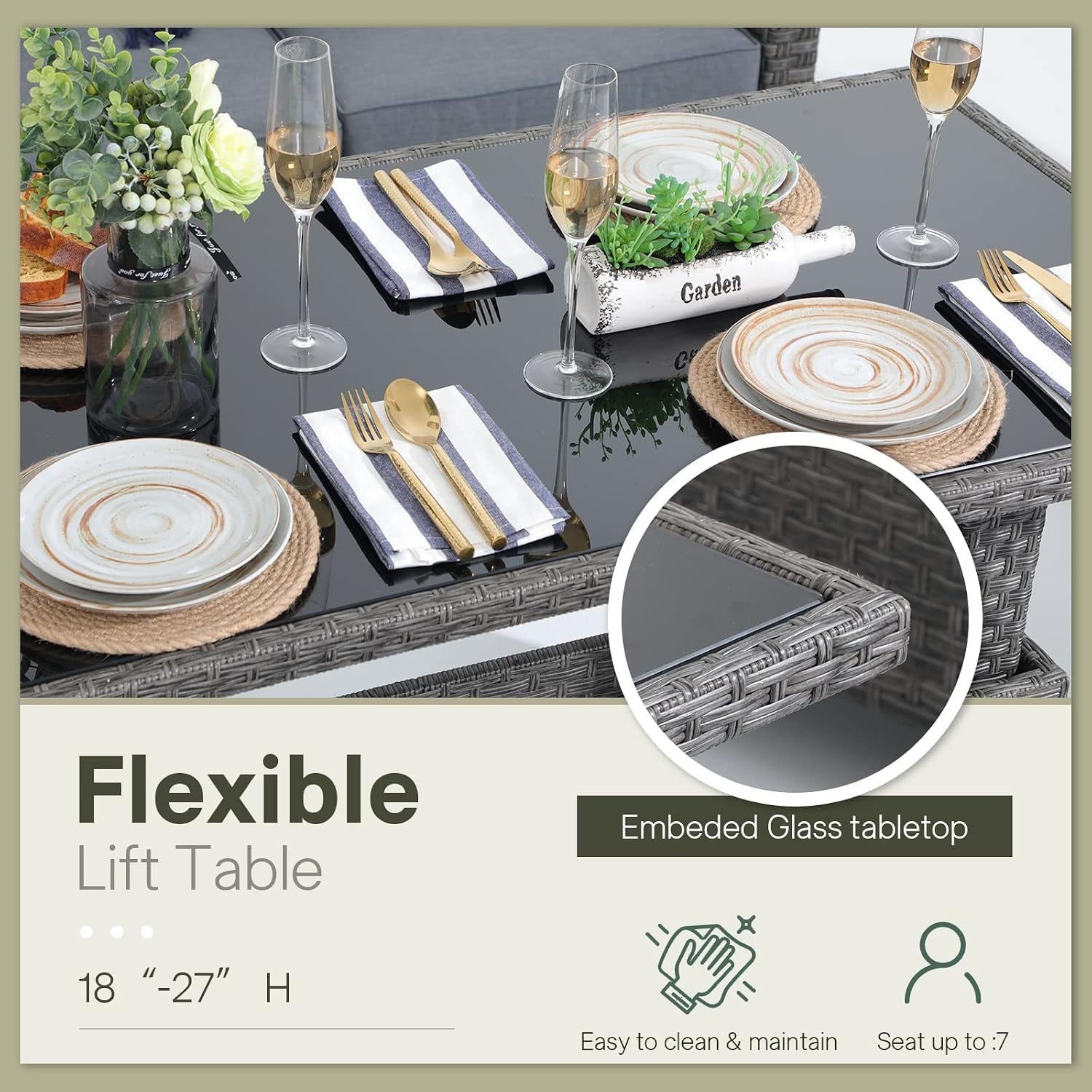 Close-up of the reflective glass tabletop styled with plates, champagne flutes and a wicker corner inset.