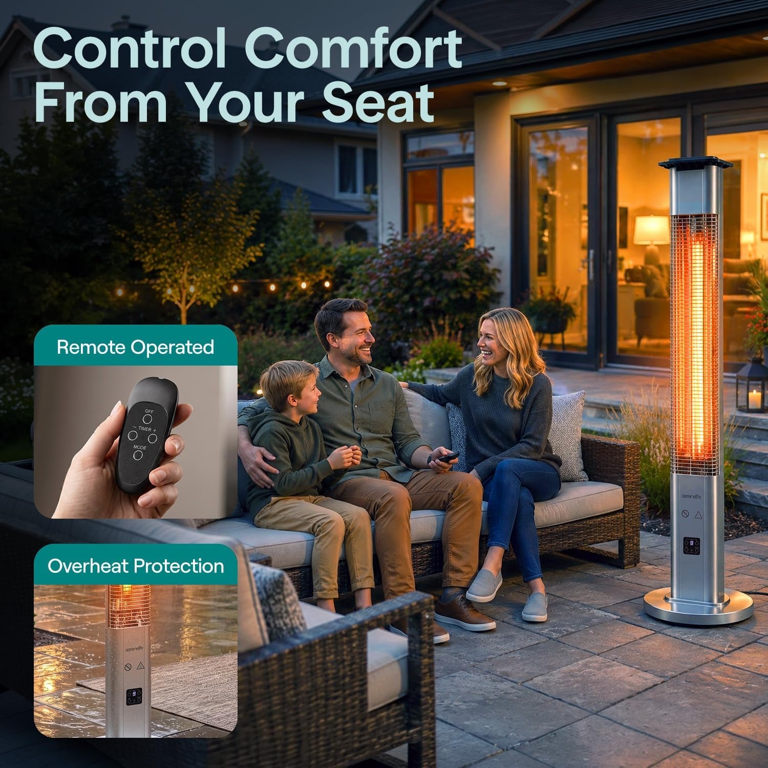 Family on a patio at dusk with a tall illuminated heater and inset close-up of the handheld remote control