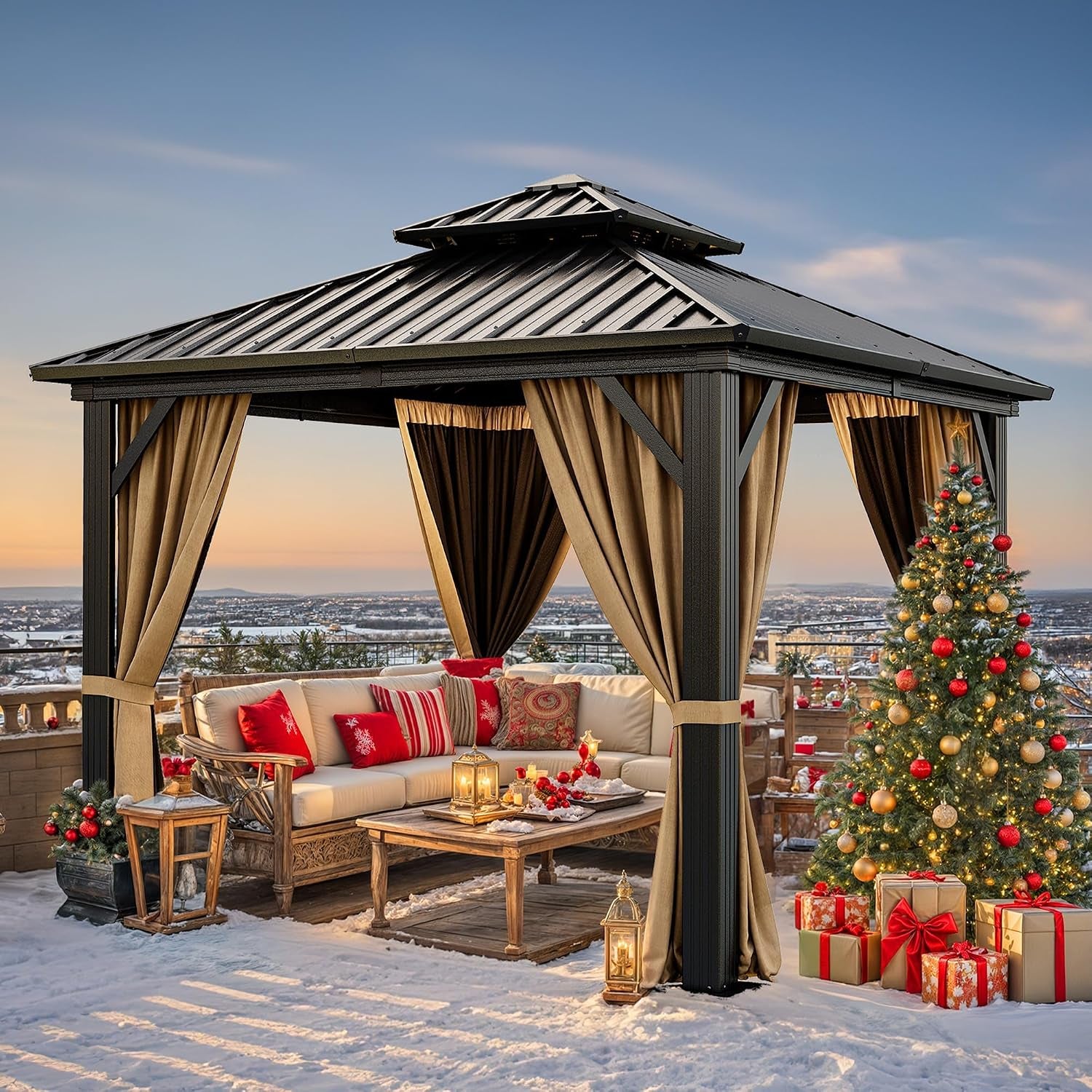 Snowy rooftop setting with the gazebo decorated for Christmas beside a tree and wrapped gifts.