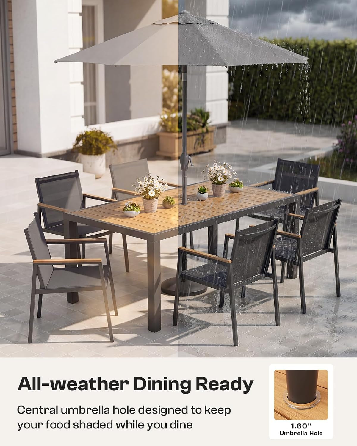 Rectangular dining table with umbrella in center and six chairs shown half in sun and half in rain to illustrate weather use
