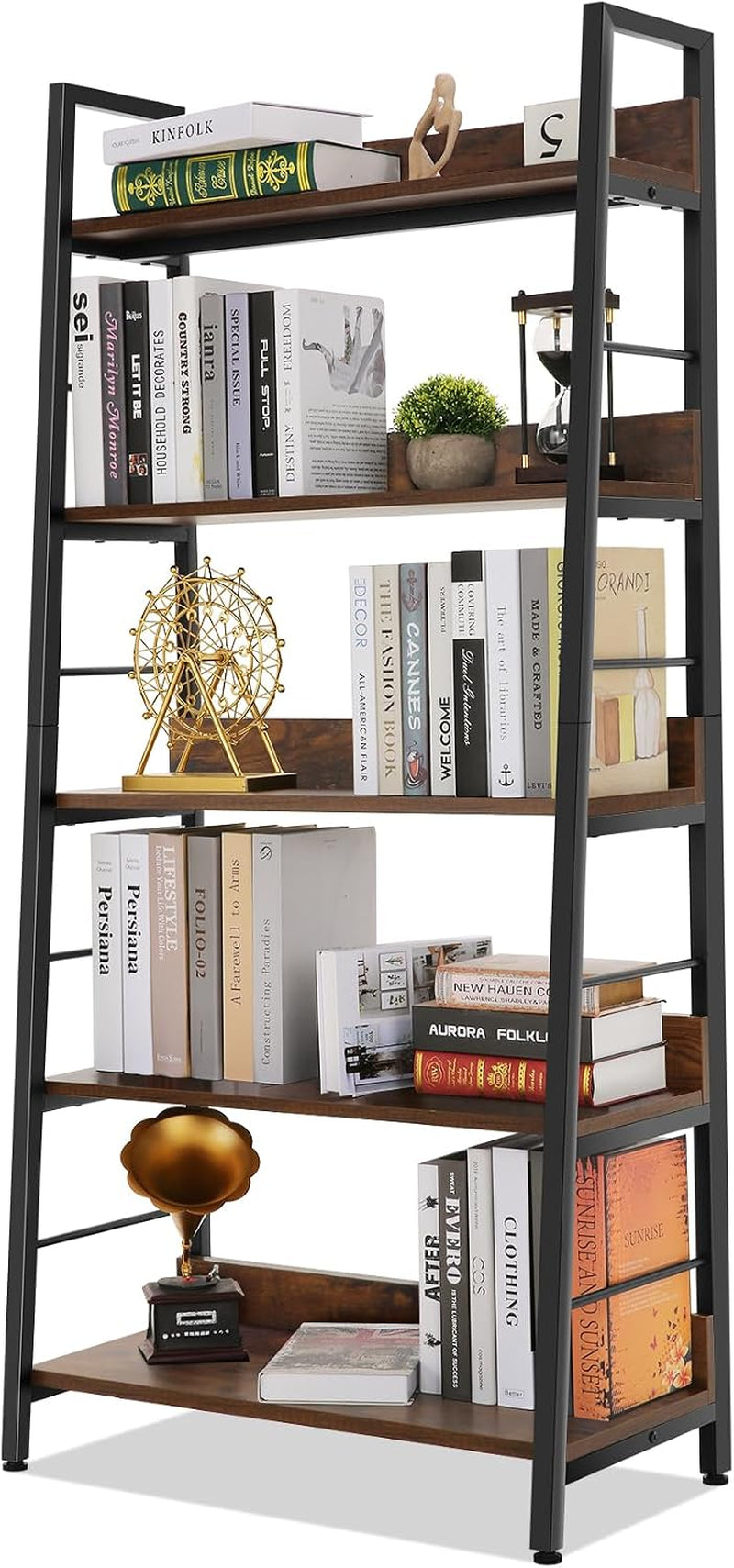 Angled vertical view of a single ladder bookcase showing stacked books, a potted plant and a decorative gramophone on lower