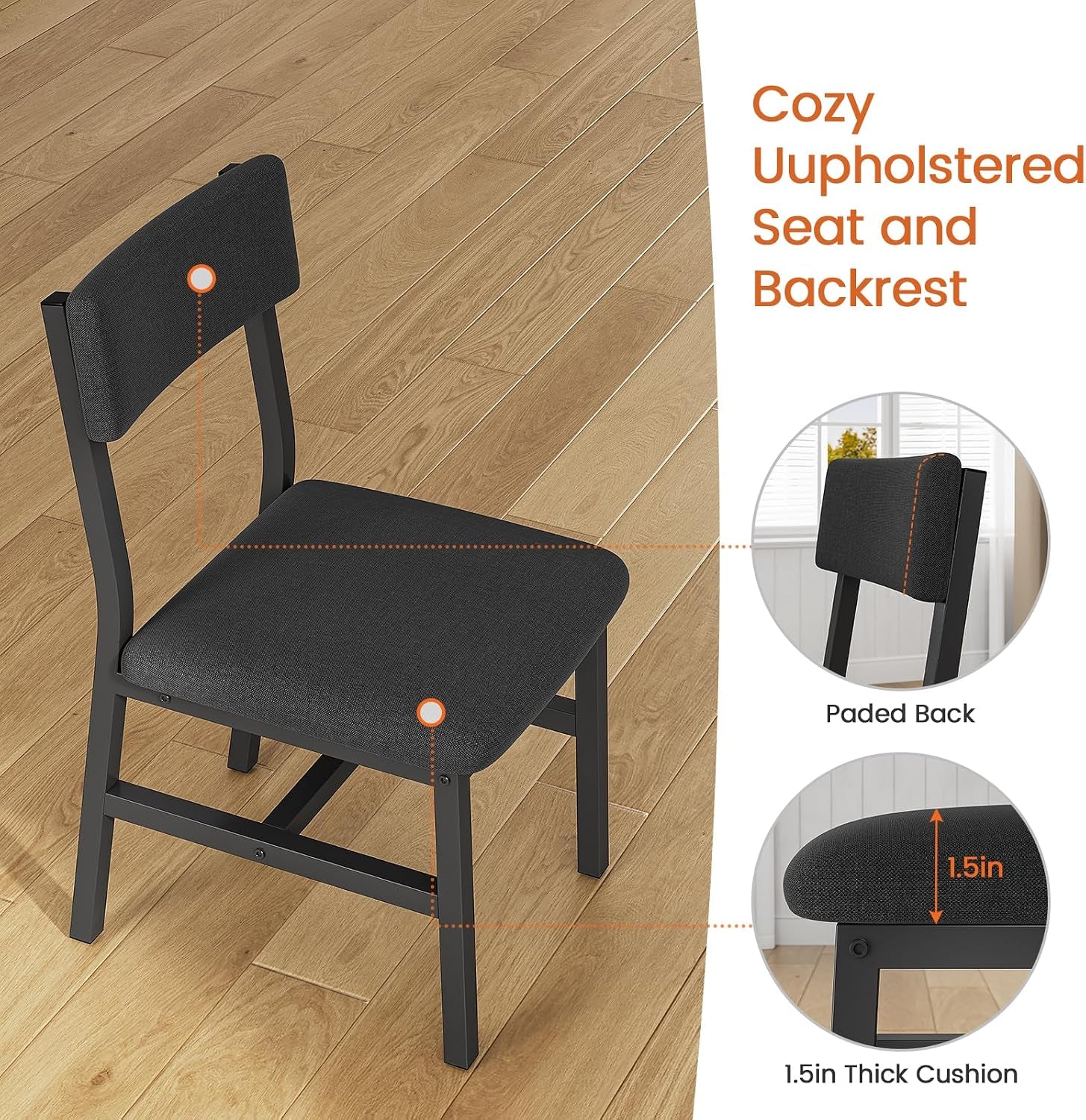 Black dining chair with upholstered seat and back, plus close-ups of the padded back and 1.5-inch cushion.