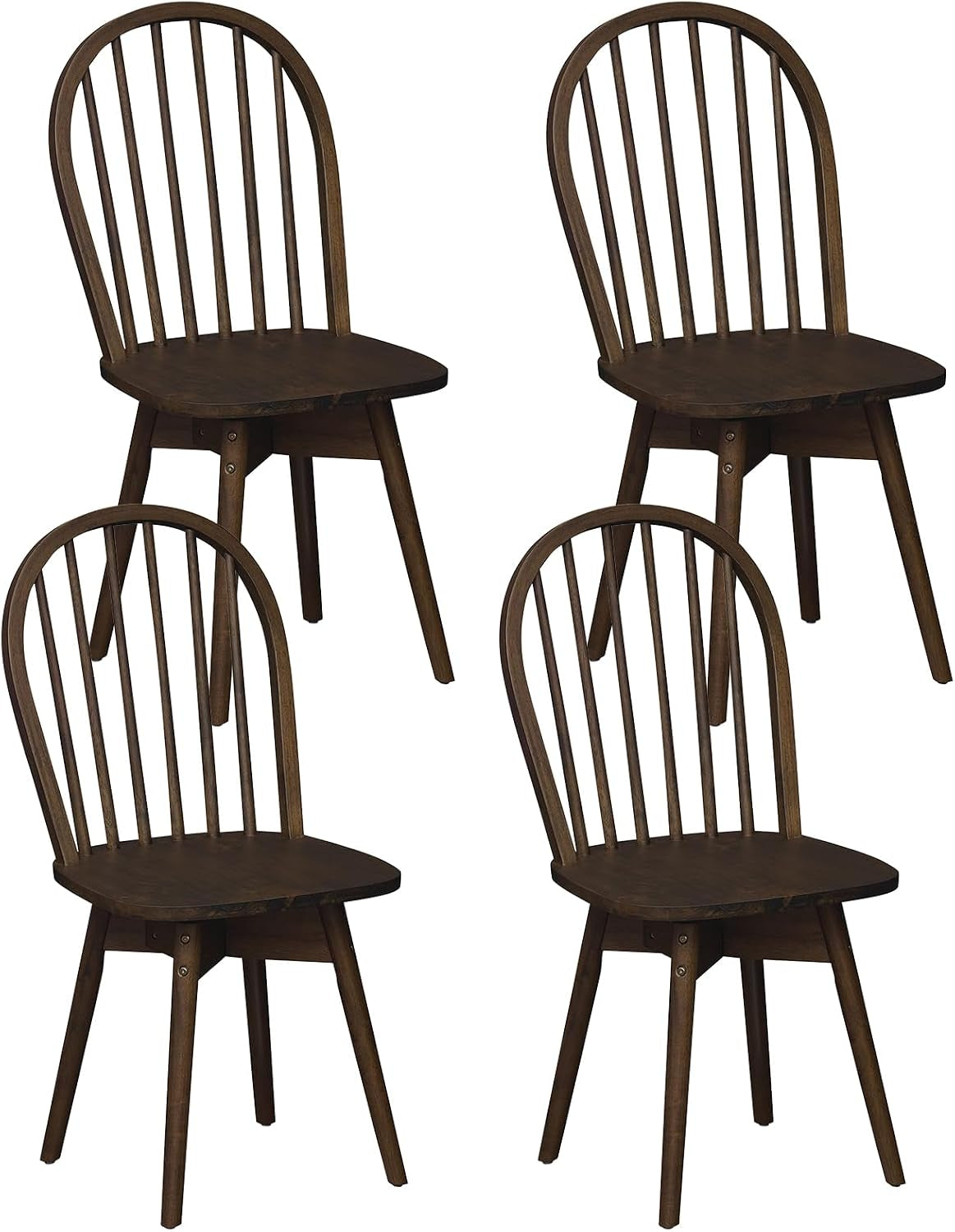 Four identical dark walnut spindle-back swivel chairs shown on white background in a two-by-two arrangement.